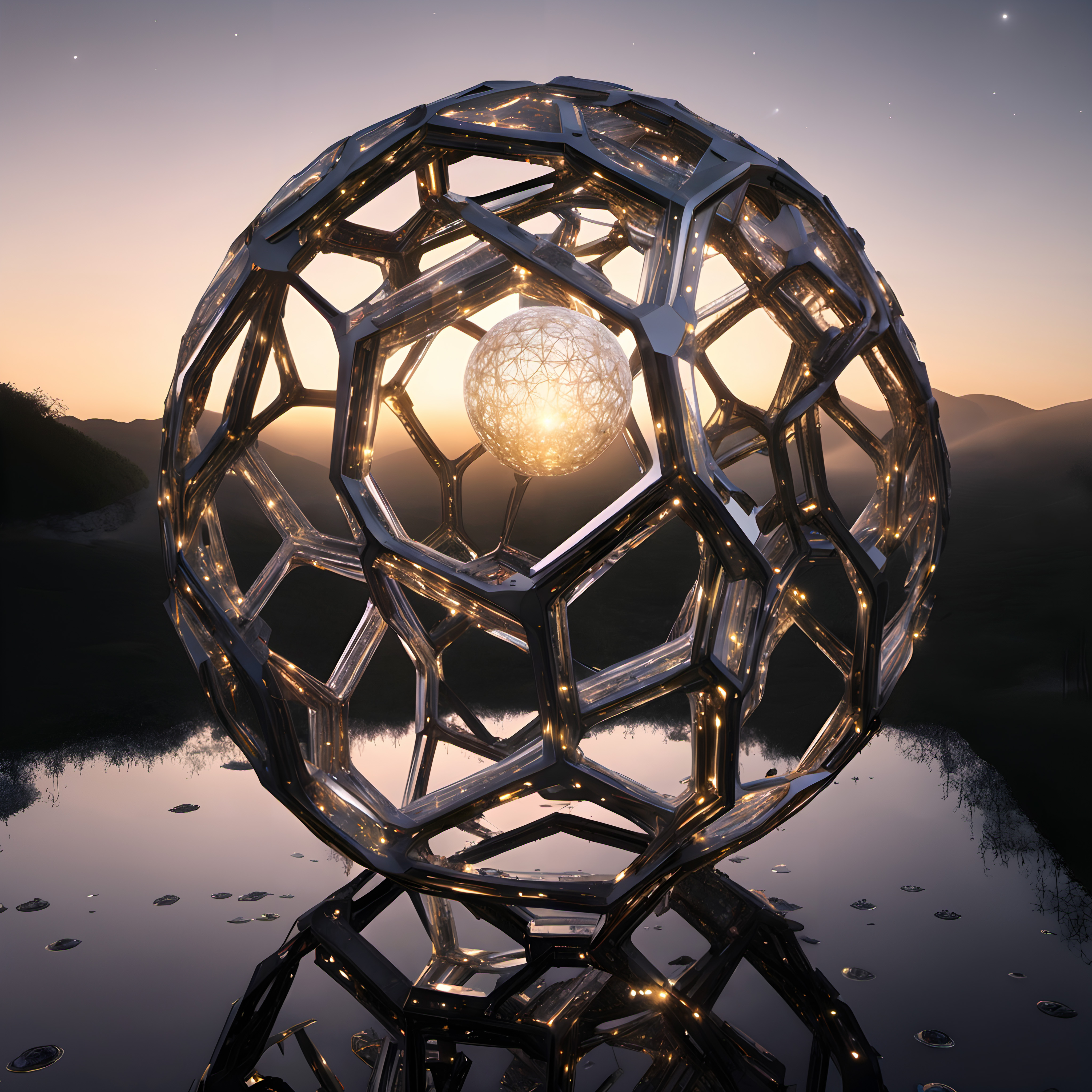 Twilight Reflections on Geodesic Sphere Amidst Nature's Tranquil Dawn