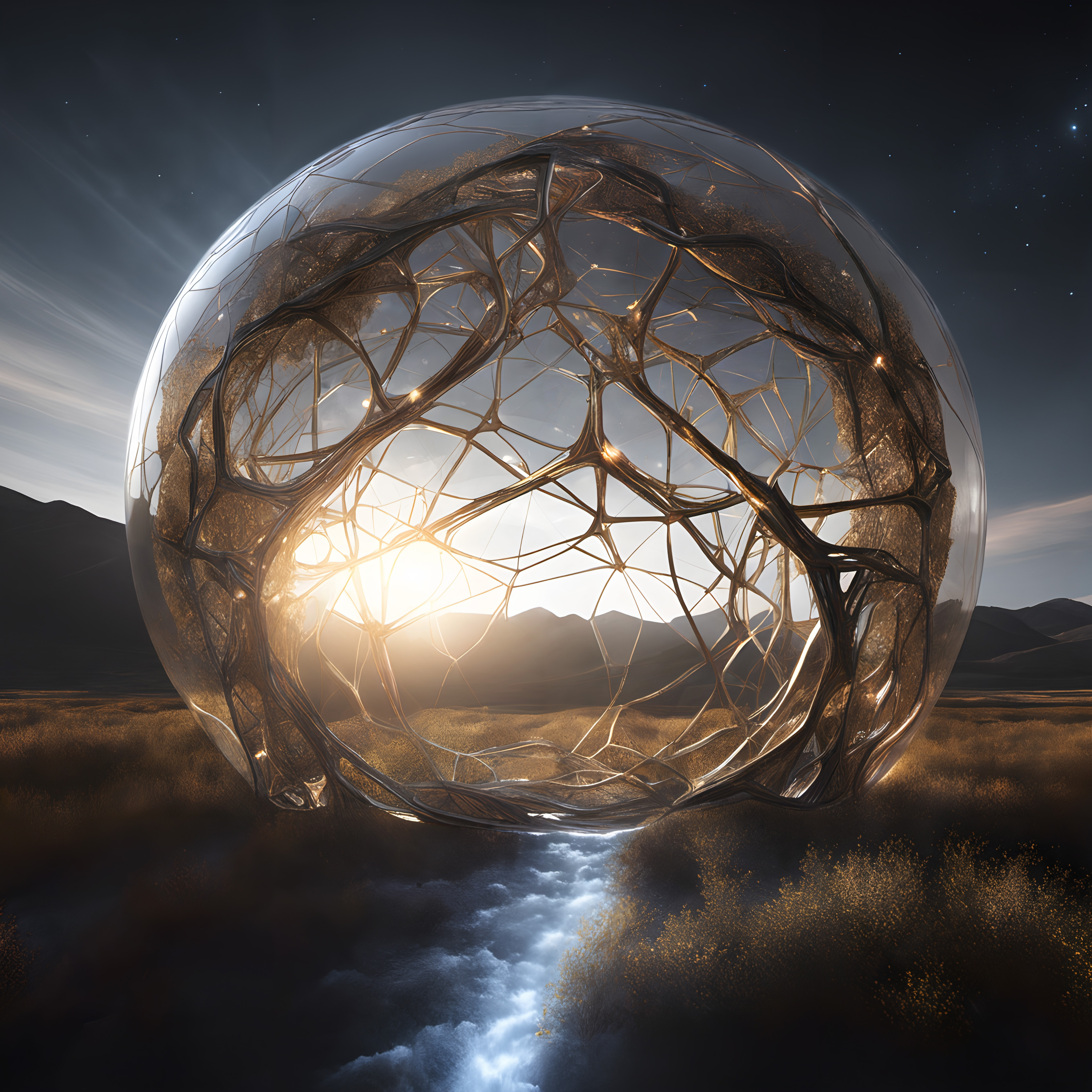 Surreal transparent sphere hovers over desert stream at sunset.