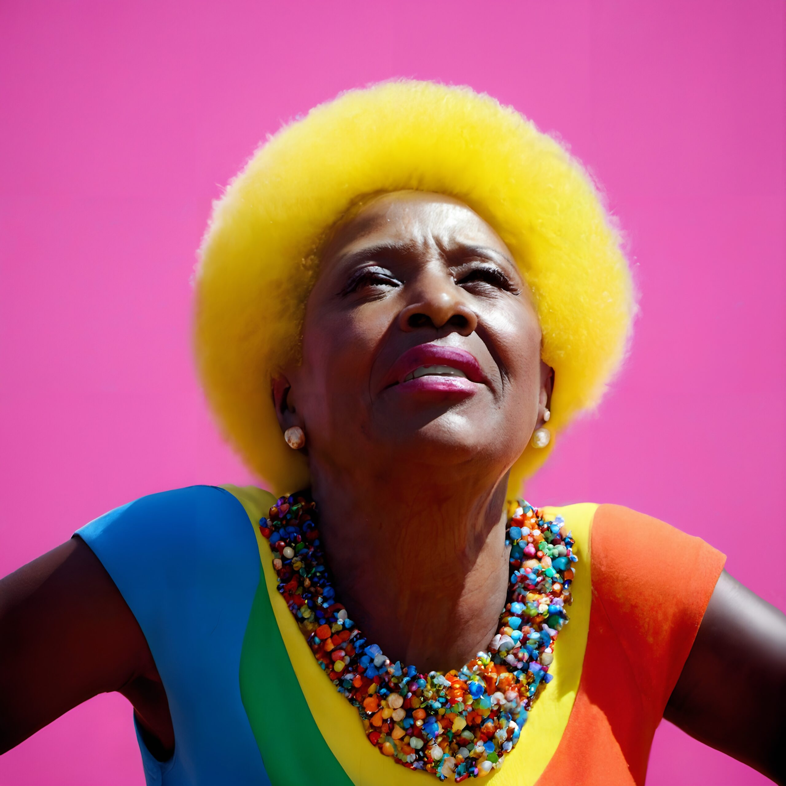 Elderly woman with yellow afro, colorful beads, vibrant background.