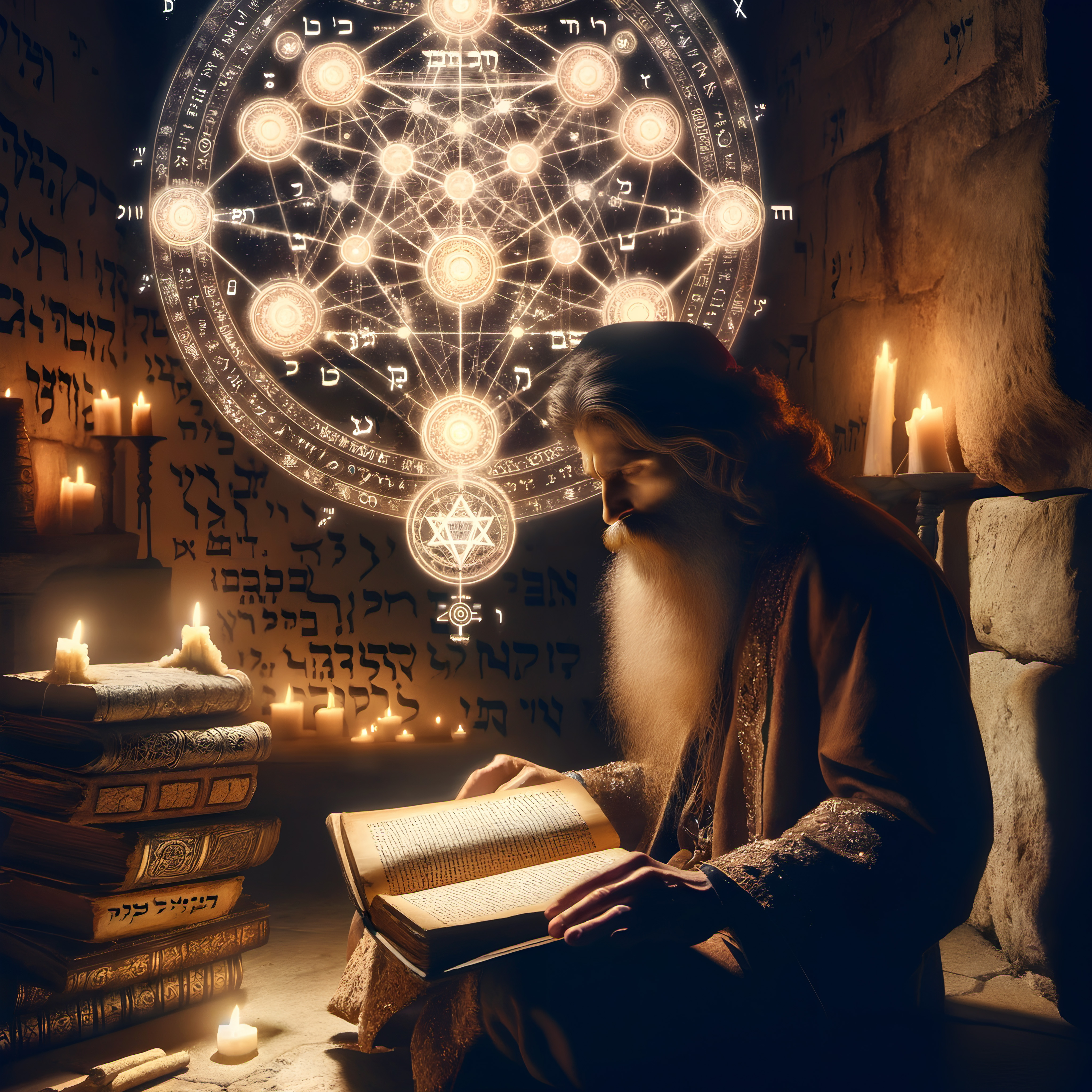 Elderly scholar reading by candlelight with mystical symbols.