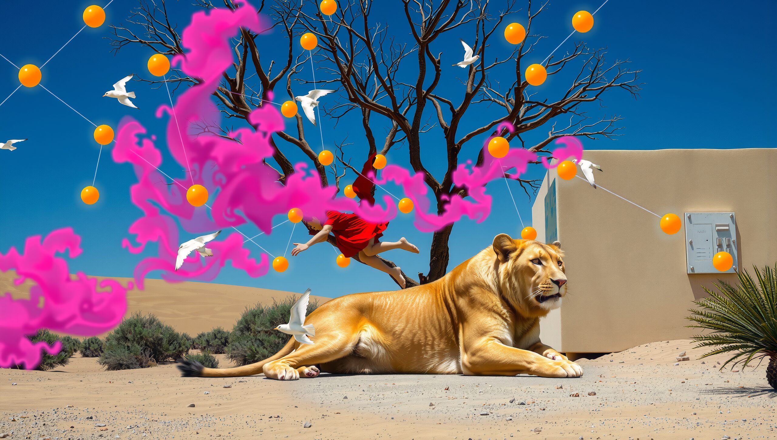 Surreal desert scene with lion, bright balloons, and whimsical elements.
