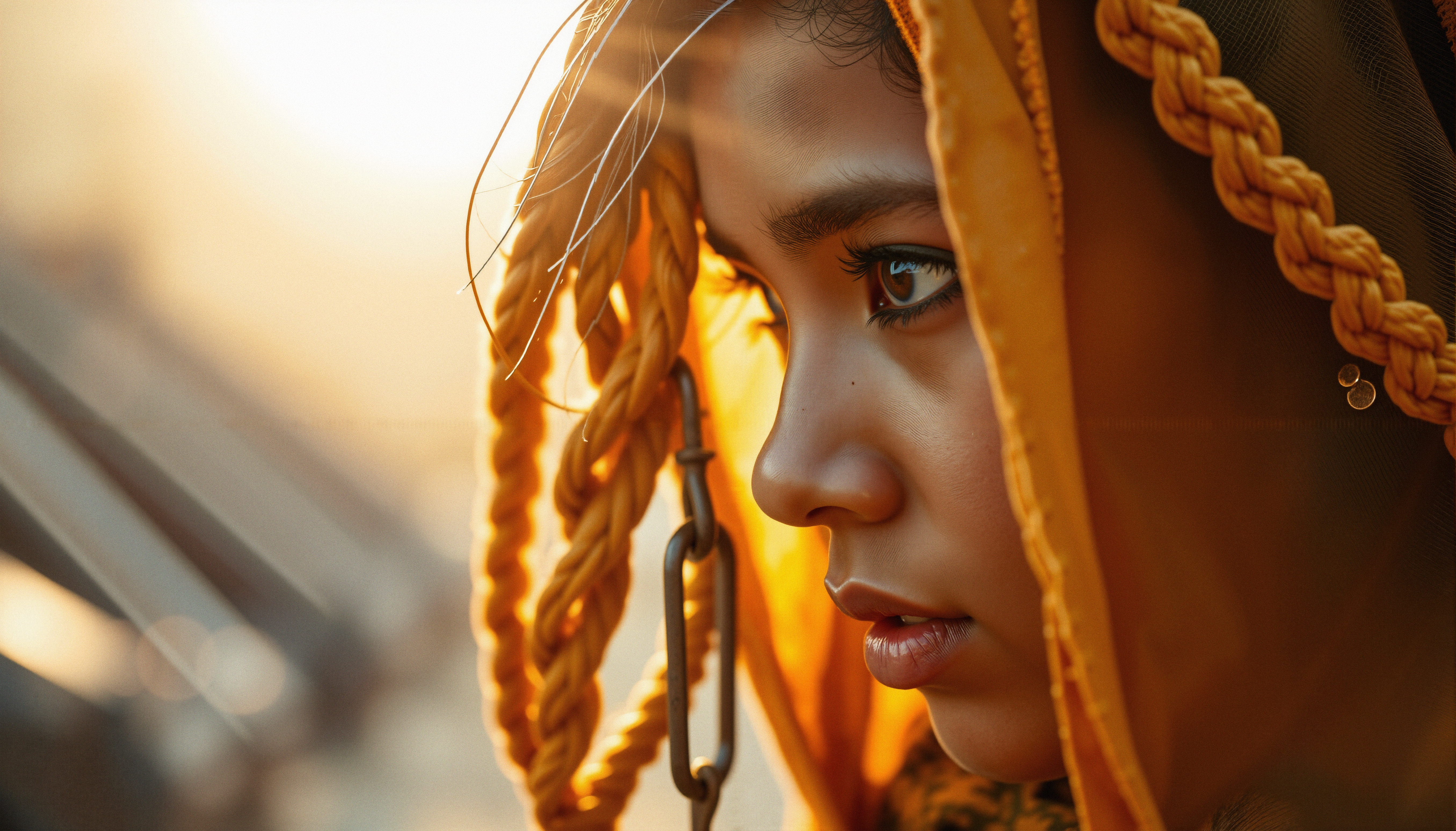 A young person in golden light, wearing an intricate yellow headpiece with braids and exuding elegance.
