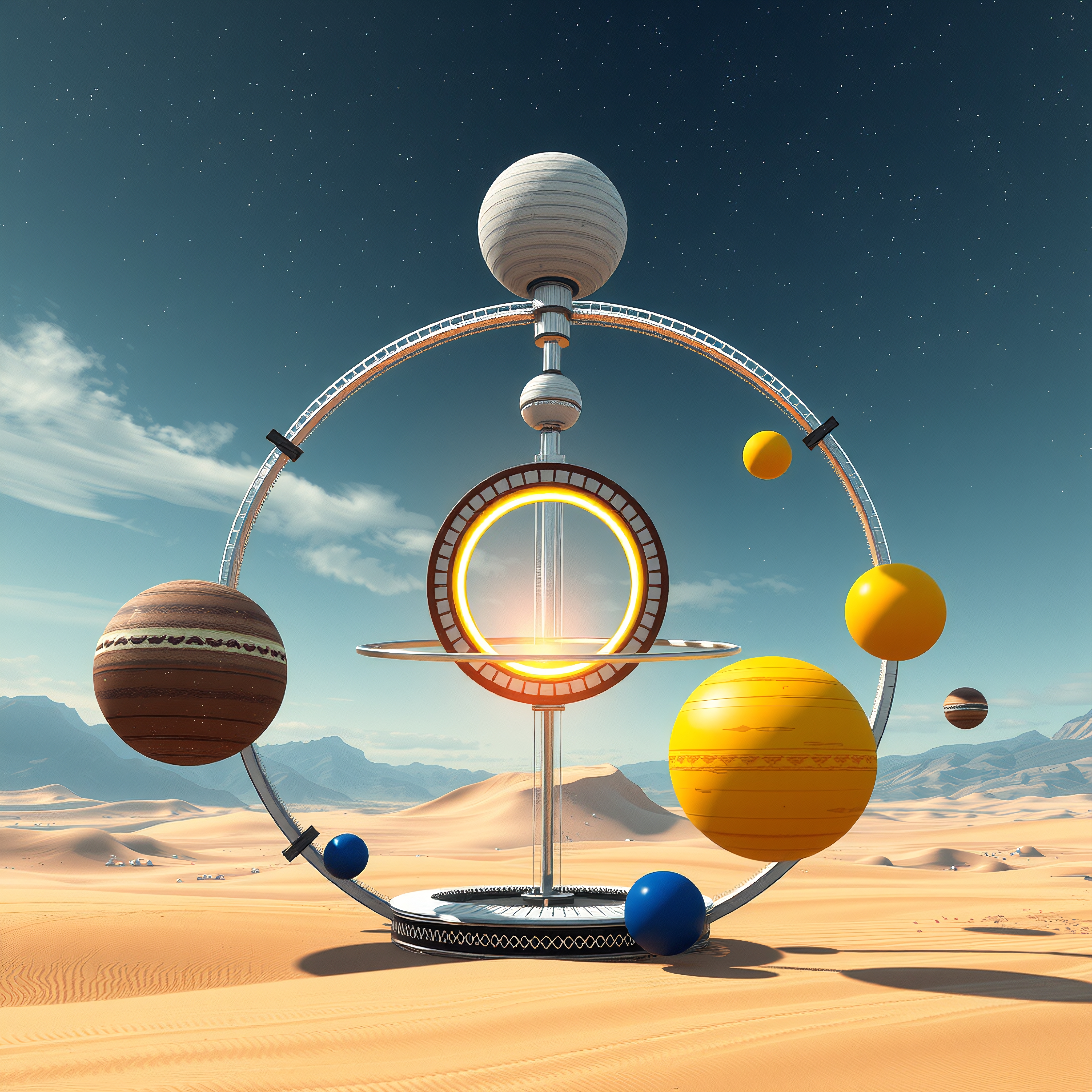 A futuristic orrery against a starry desert landscape.