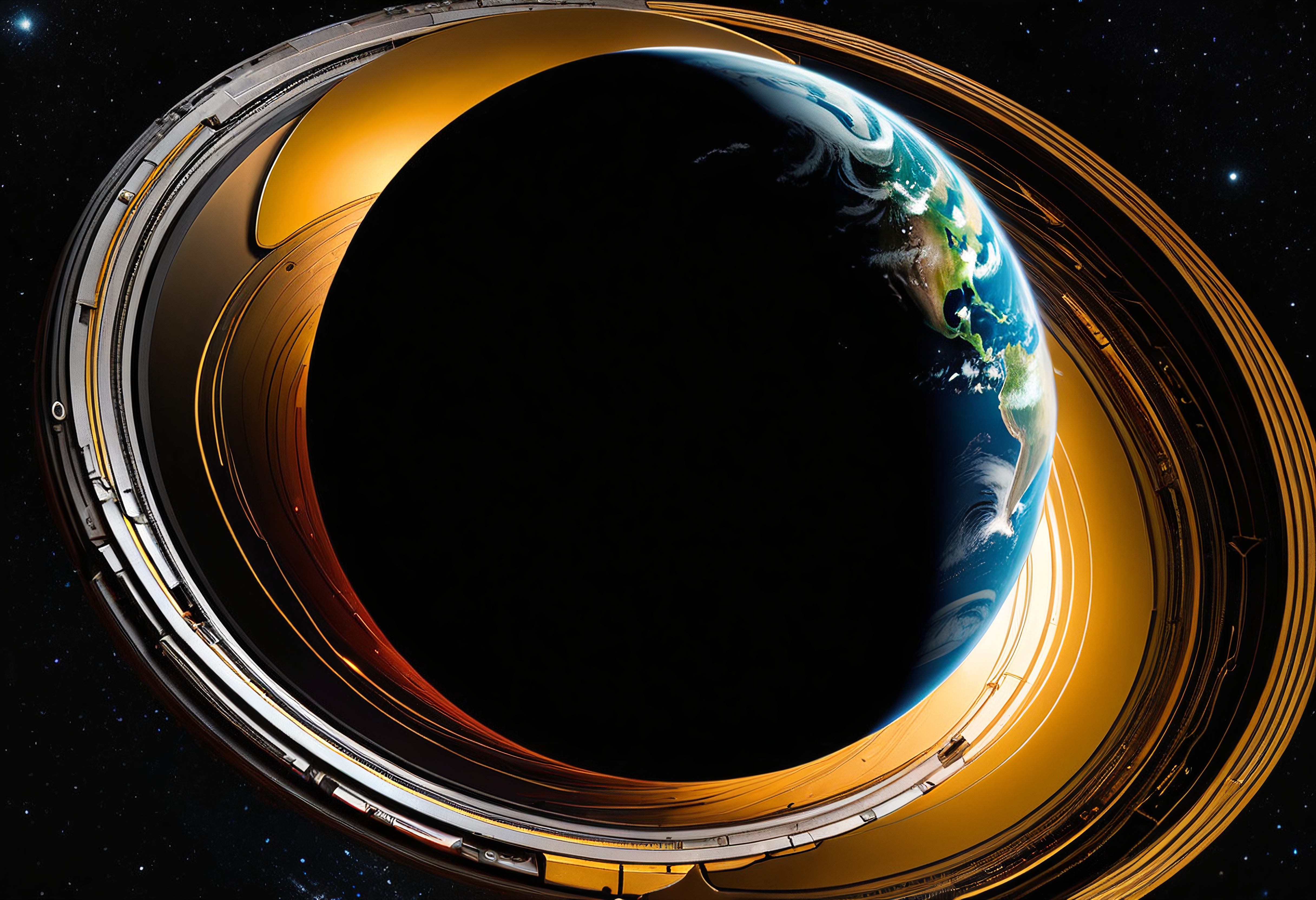 Futuristic depiction of Earth partially eclipsed by metallic rings in space.