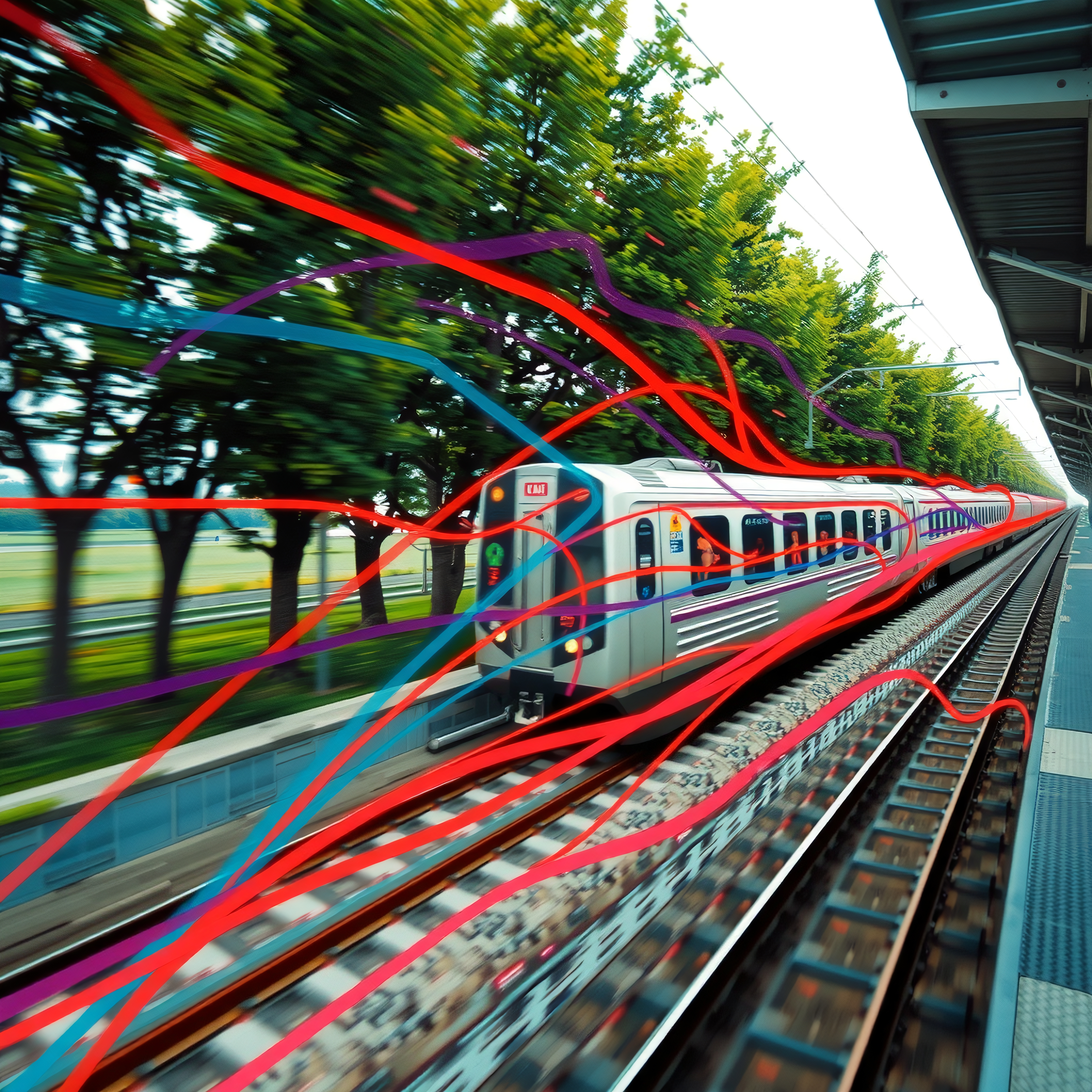 High-speed train with dynamic energy lines in a lush landscape.