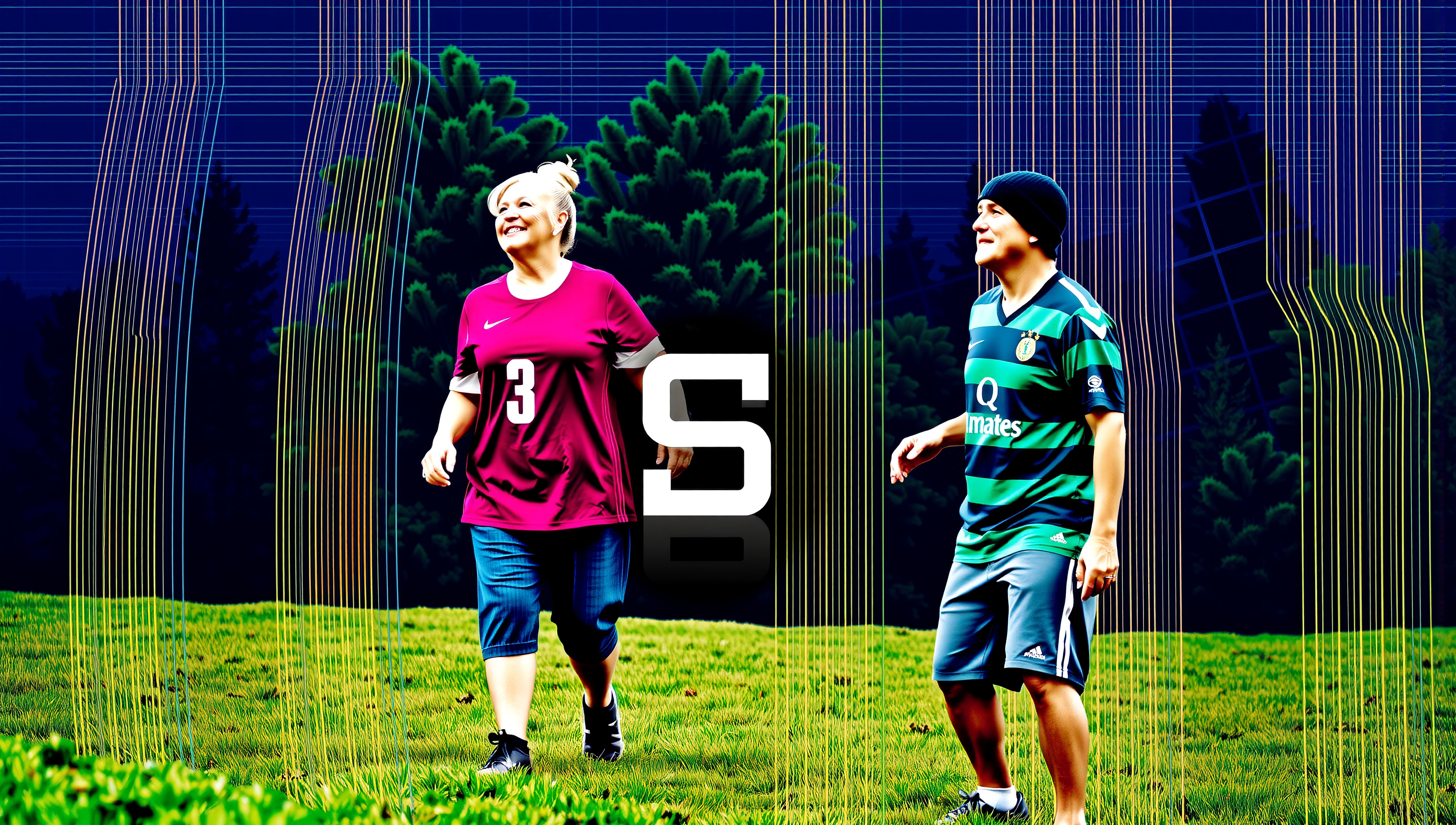 Two people in jerseys walking on grass with colorful lines.