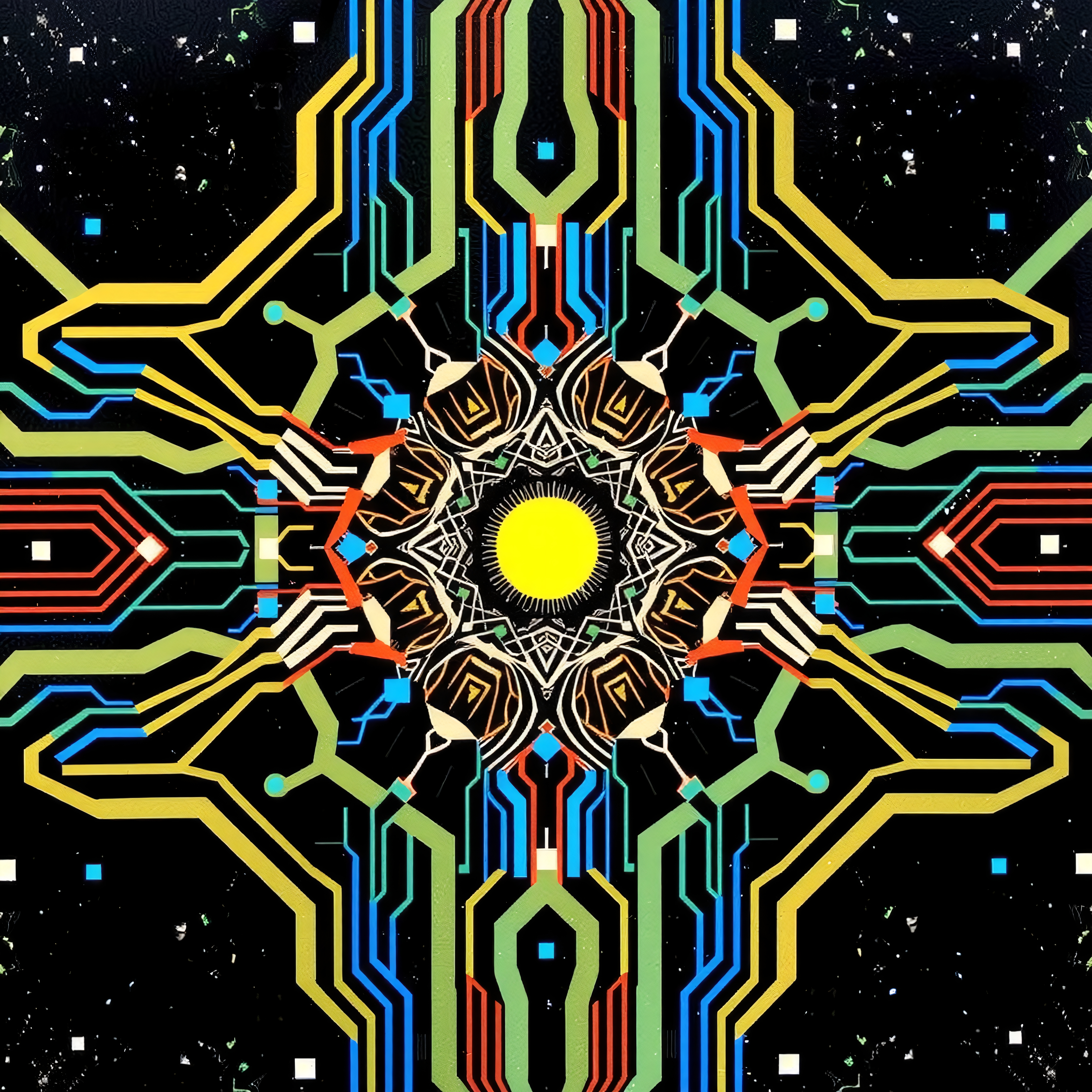 A vibrant, symmetrical digital design featuring a central yellow circle with colorful circuit-like patterns radiating outwards against a black background.