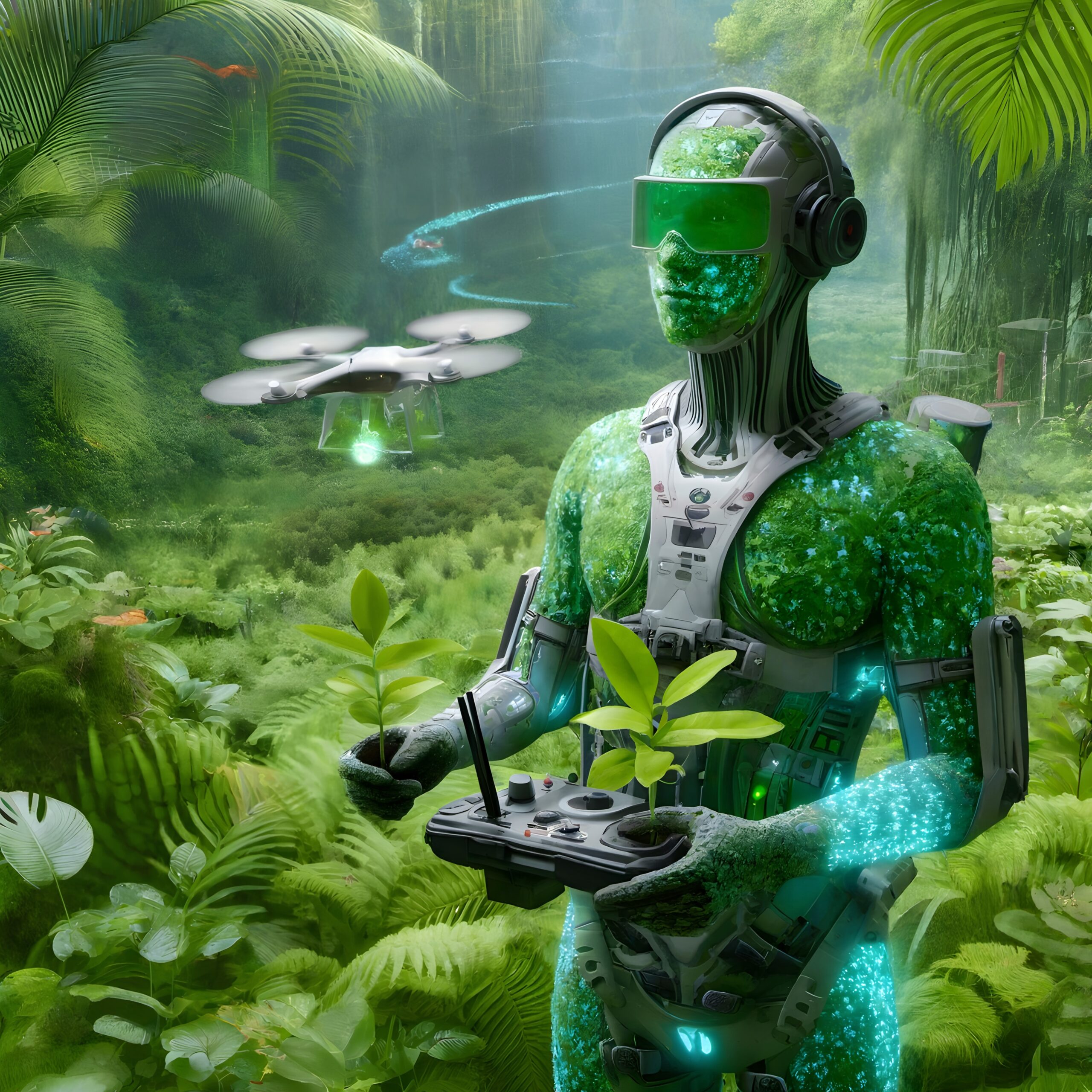 A green humanoid robot holds plants in a lush jungle, controlling a drone, illustrating the fusion of technology and nature.