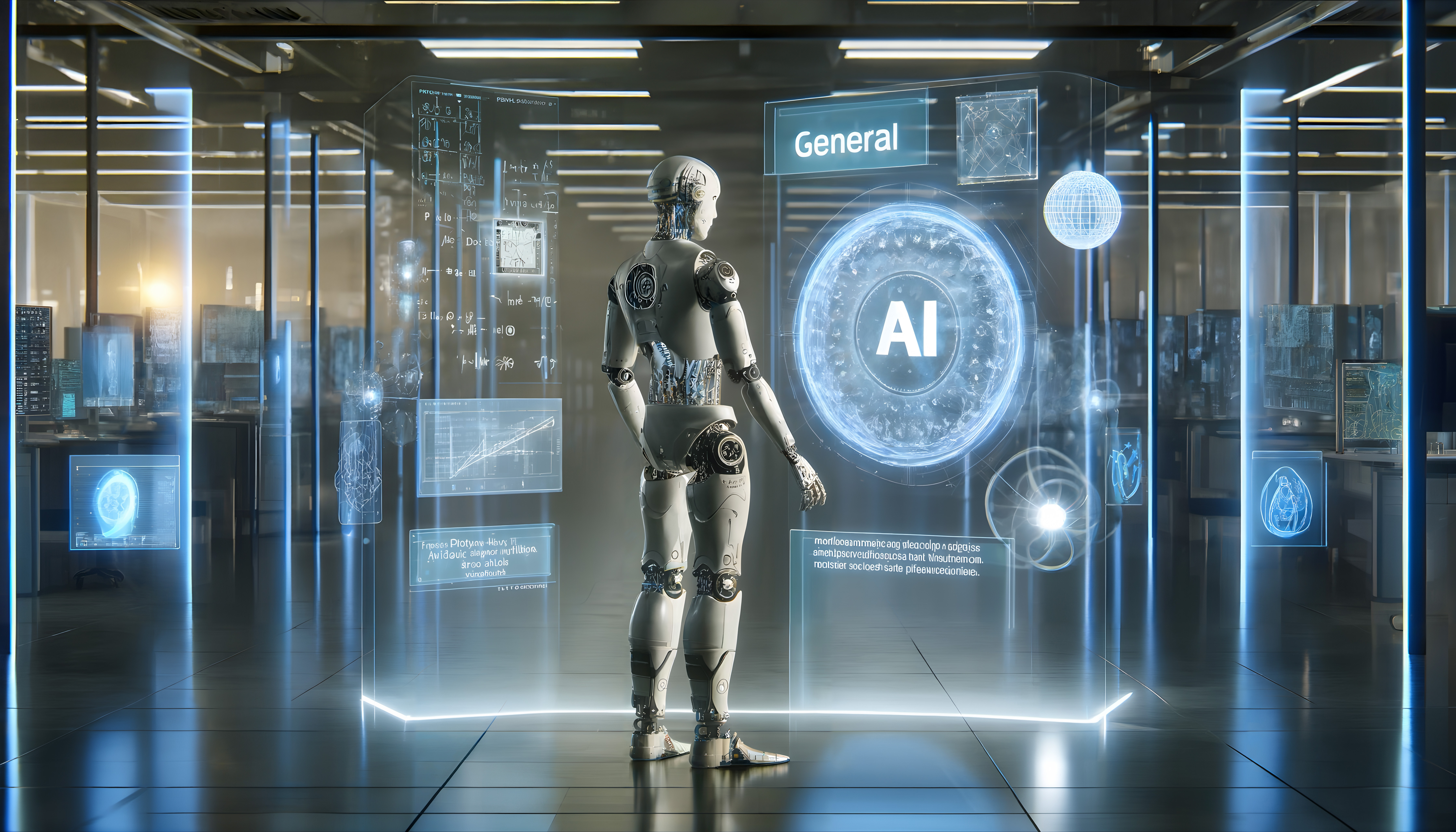 Futuristic Lab with Humanoid Robot and AI Holograms