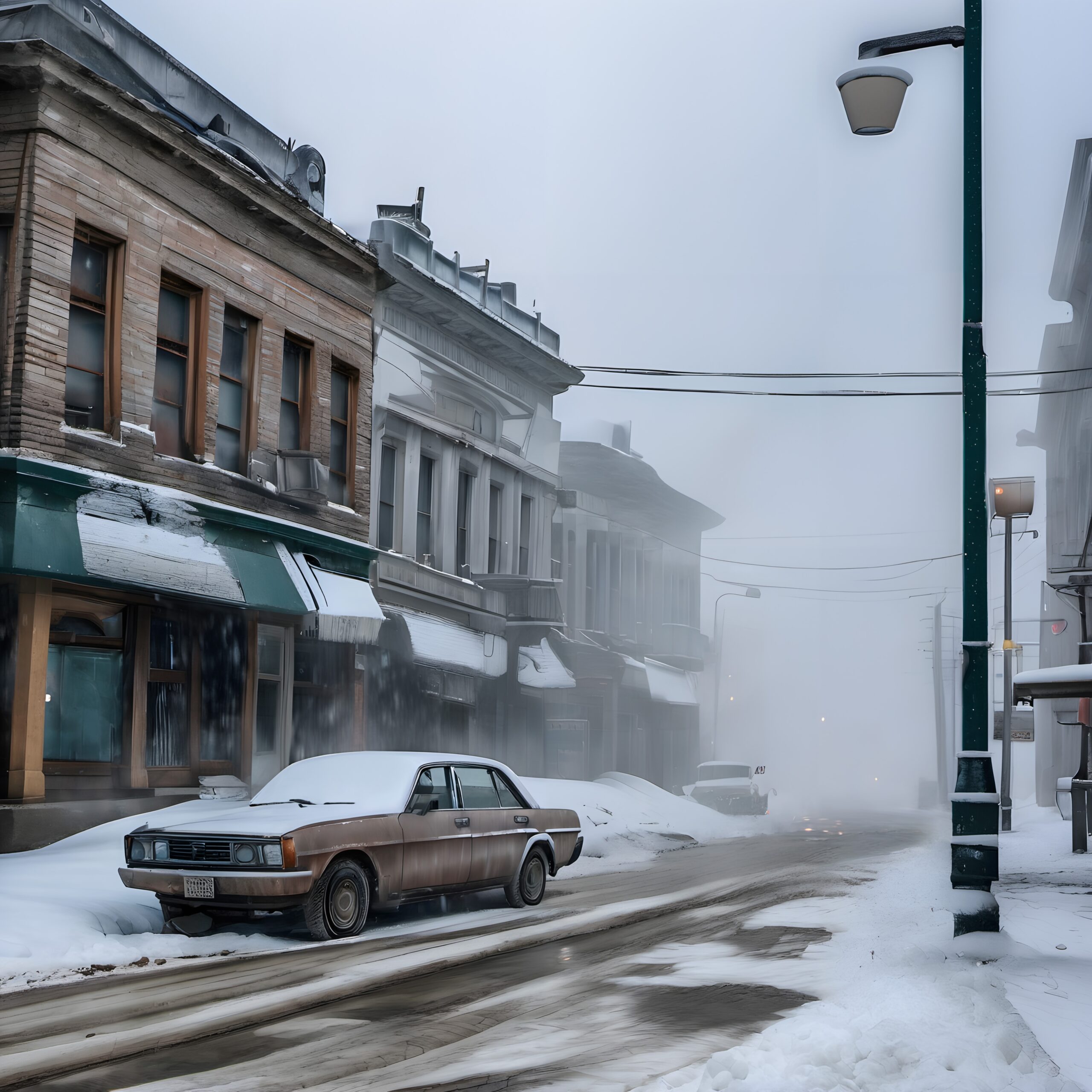 A foggy street in winter shows snow-covered buildings and an old car.
