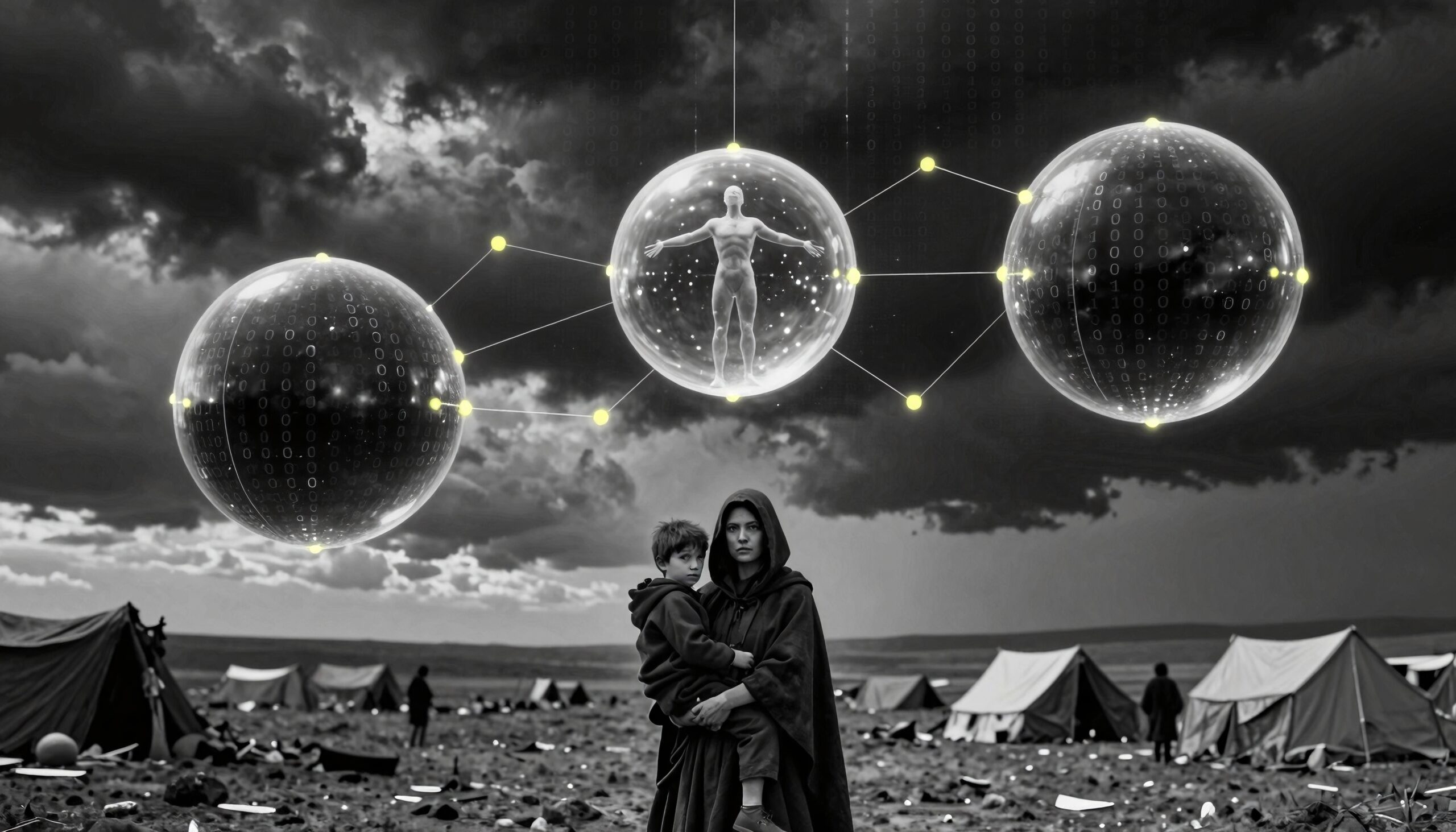 A woman holds a child beneath floating digital spheres in a stormy landscape.