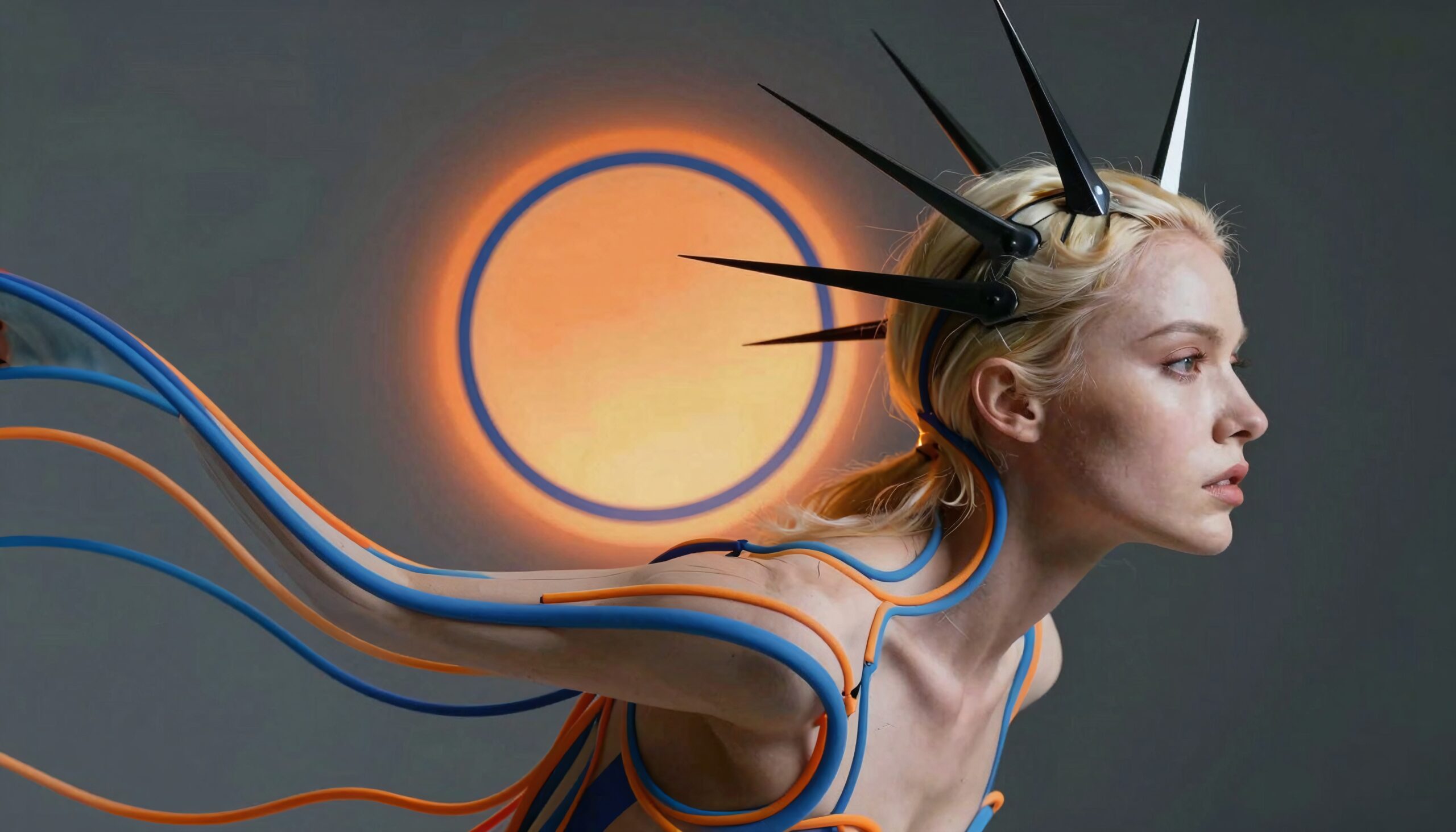 A woman in a spiked crown and tubular outfit against an orange halo.