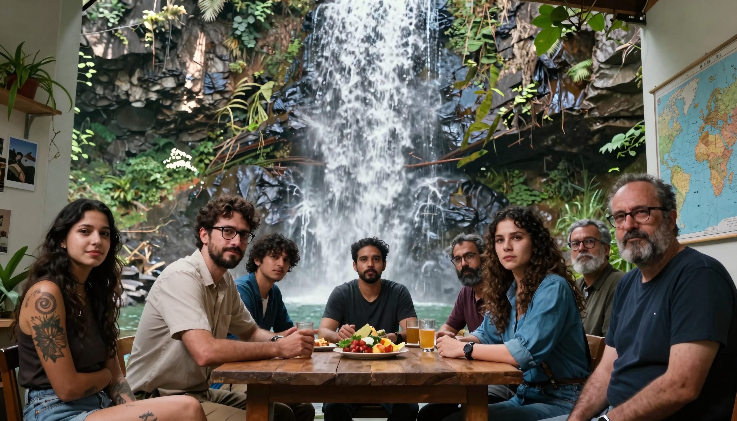 A group of people enjoy fruit at a table with a waterfall in the background.