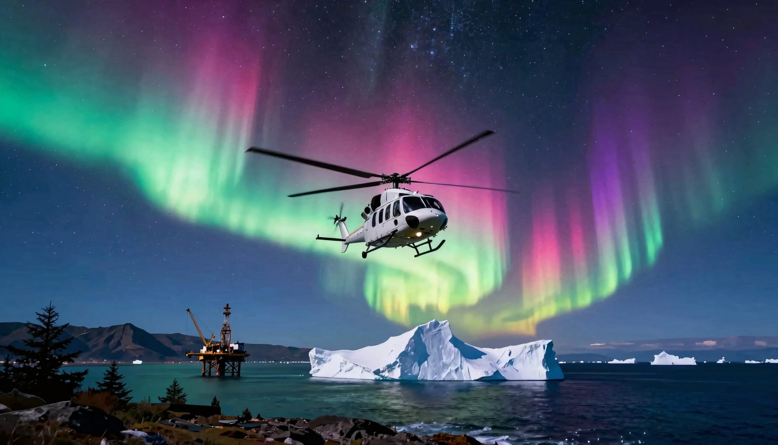 A helicopter flies beneath colorful aurora borealis with icebergs.