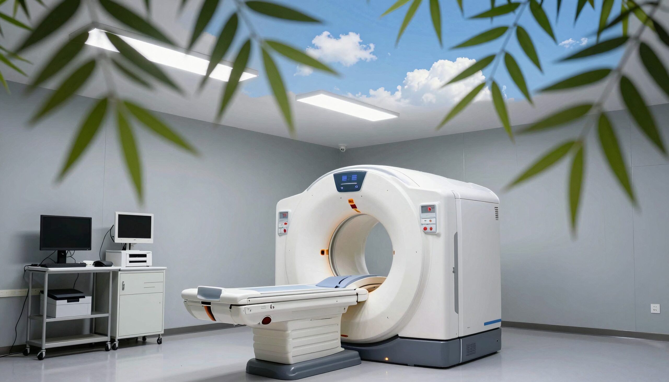 A modern CT scanner room with a serene, calming design, featuring a ceiling sky image and advanced medical equipment.