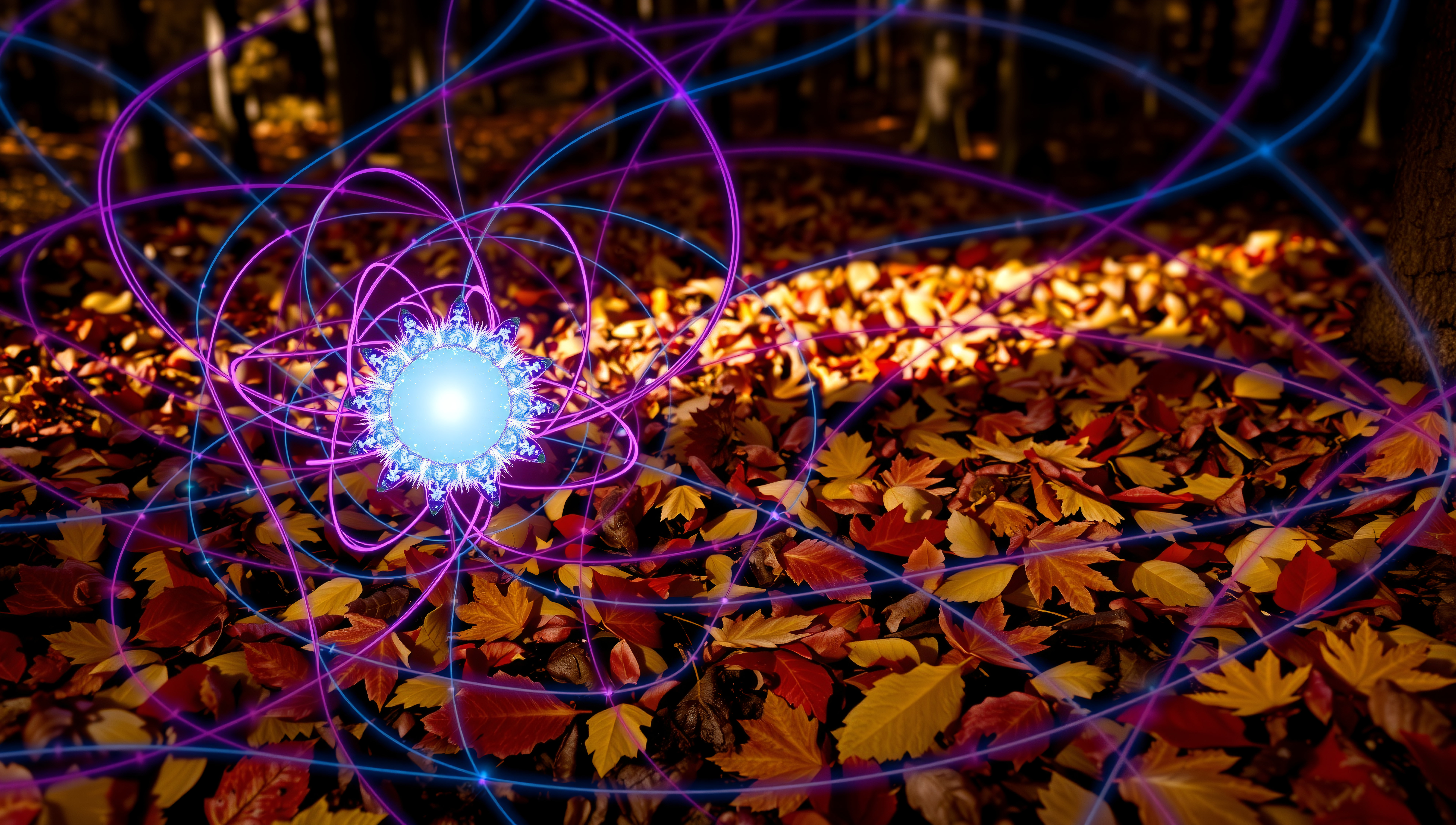 A glowing orb with purple and blue tendrils radiating in an autumn forest on a vibrant, leaf-covered ground.