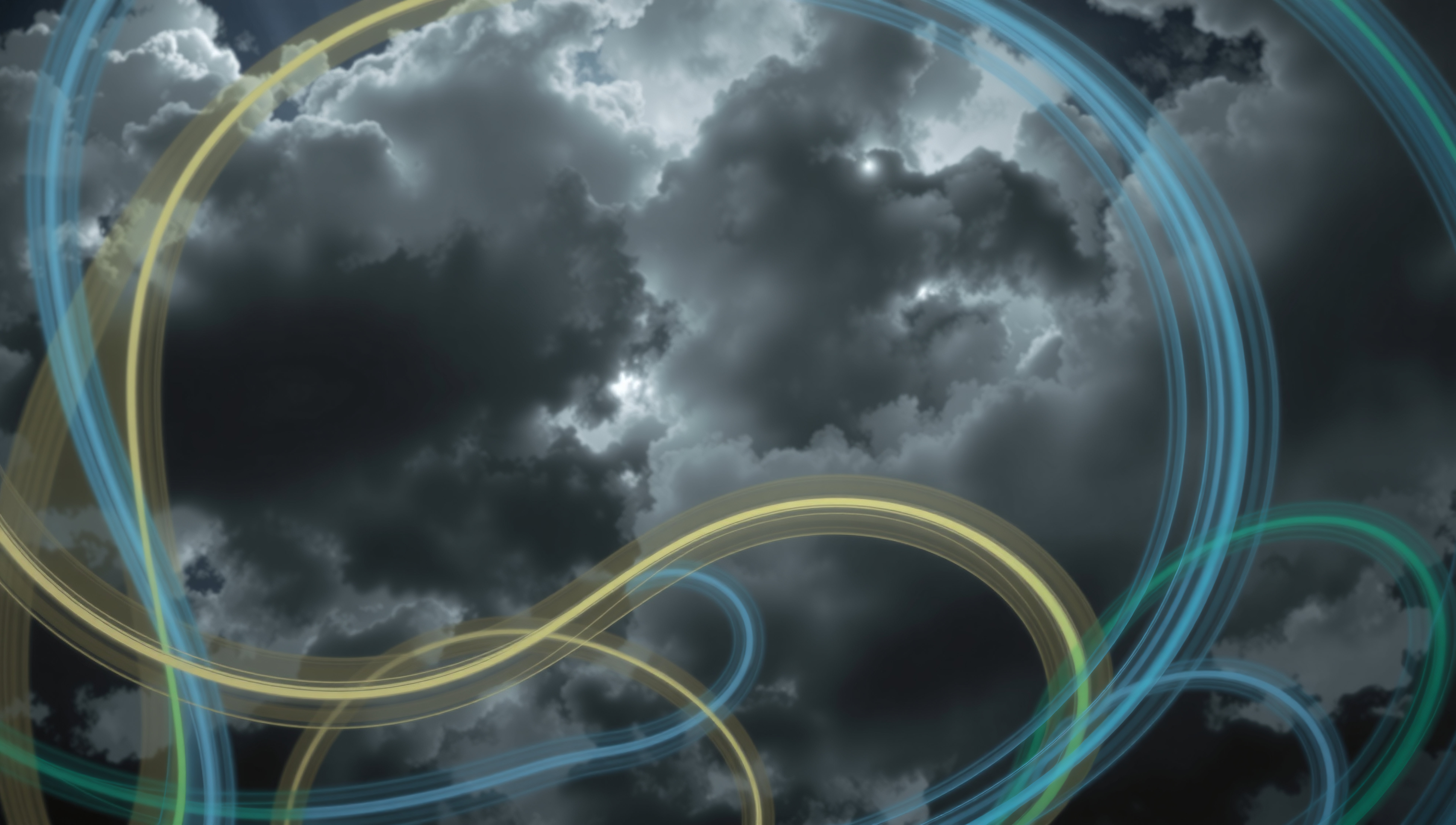 A dramatic sky with swirling clouds and illuminated light trails, adding energy and mystery.