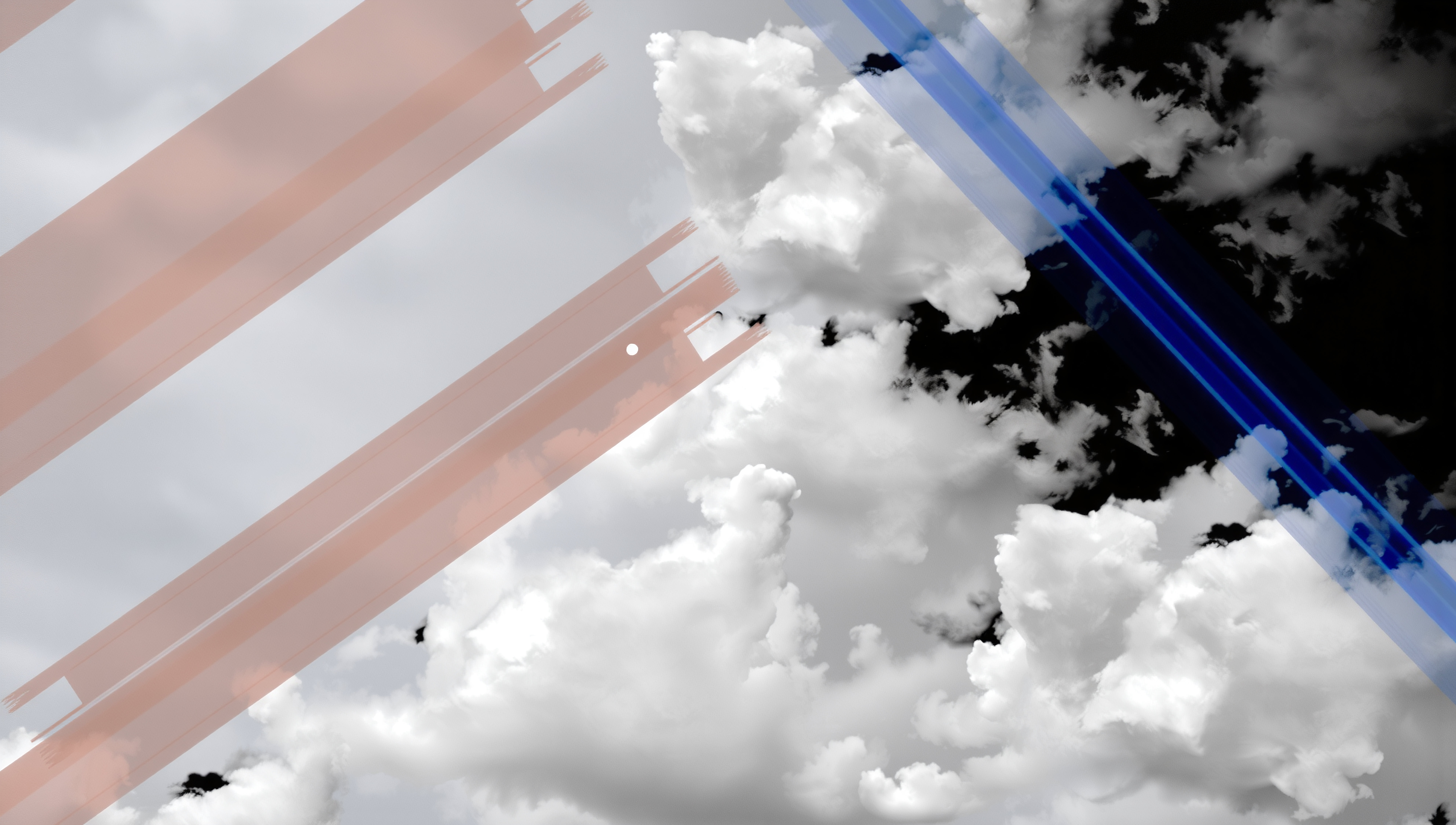 Surreal image of clouds with diagonal pink and blue lines.