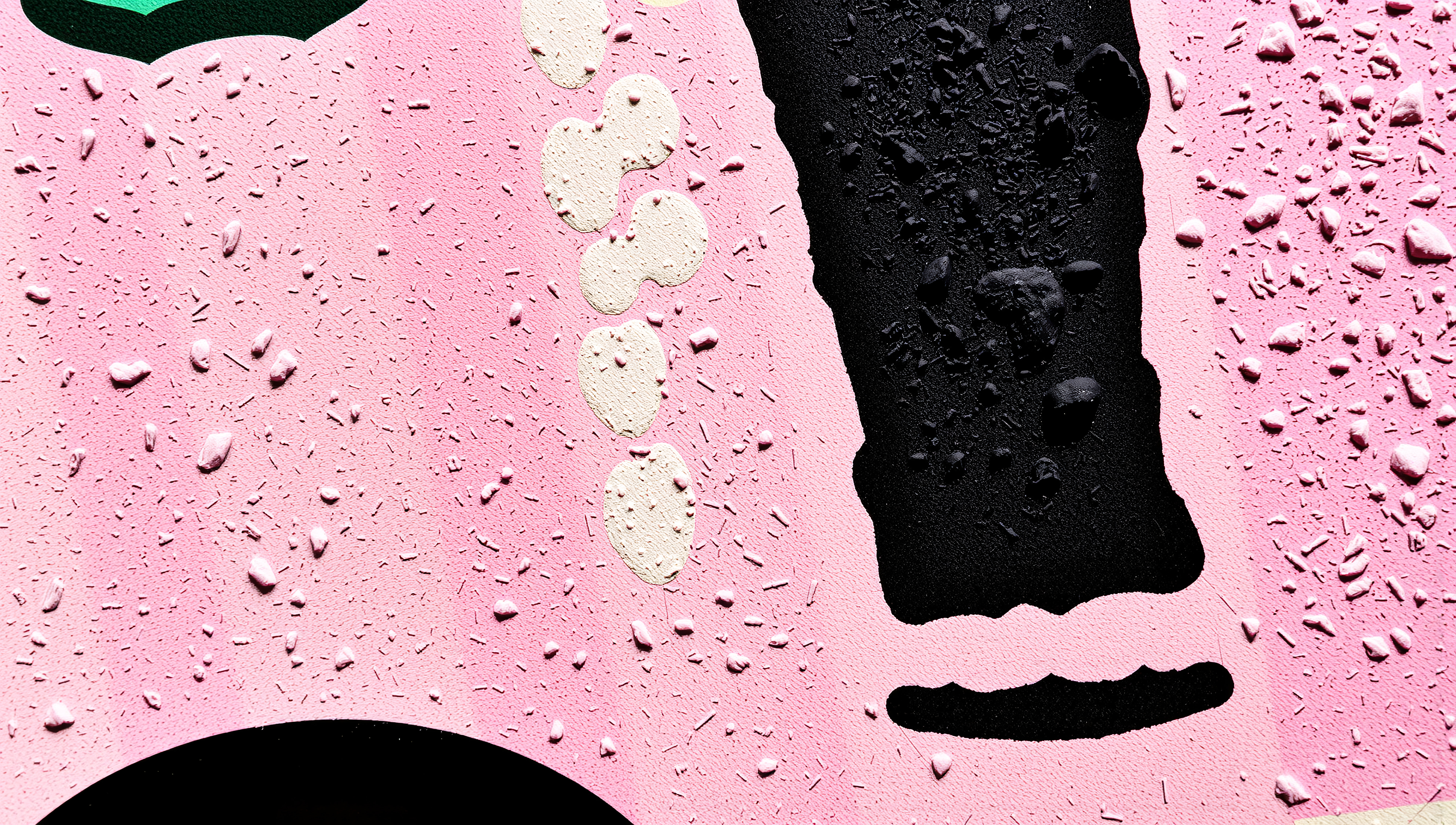 Abstract textured artwork with pink, black, and cream contrasts displaying dynamic shapes and vibrant colors.