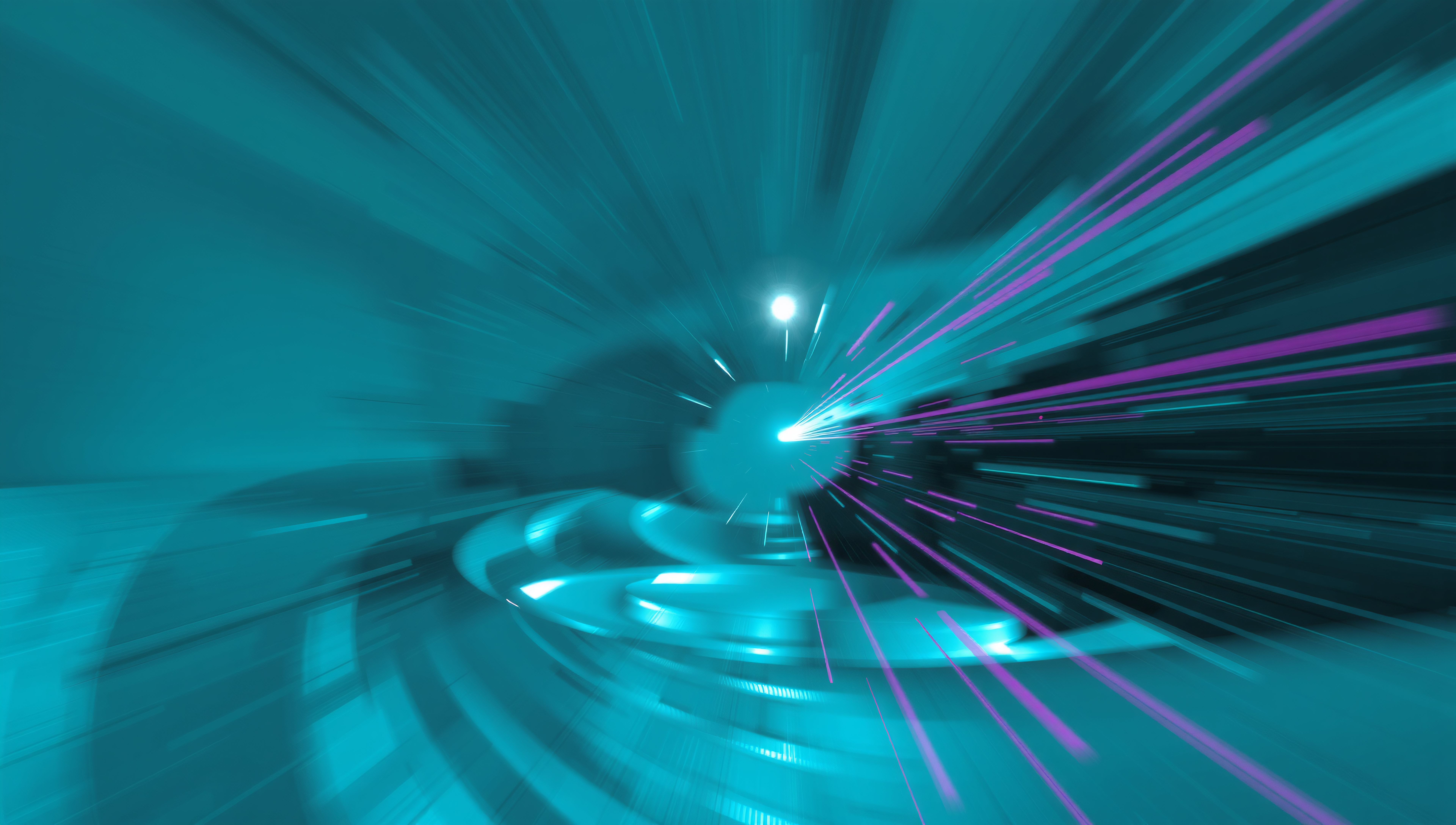 Dynamic futuristic scene with vibrant turquoise and pink streaks and central glowing light.