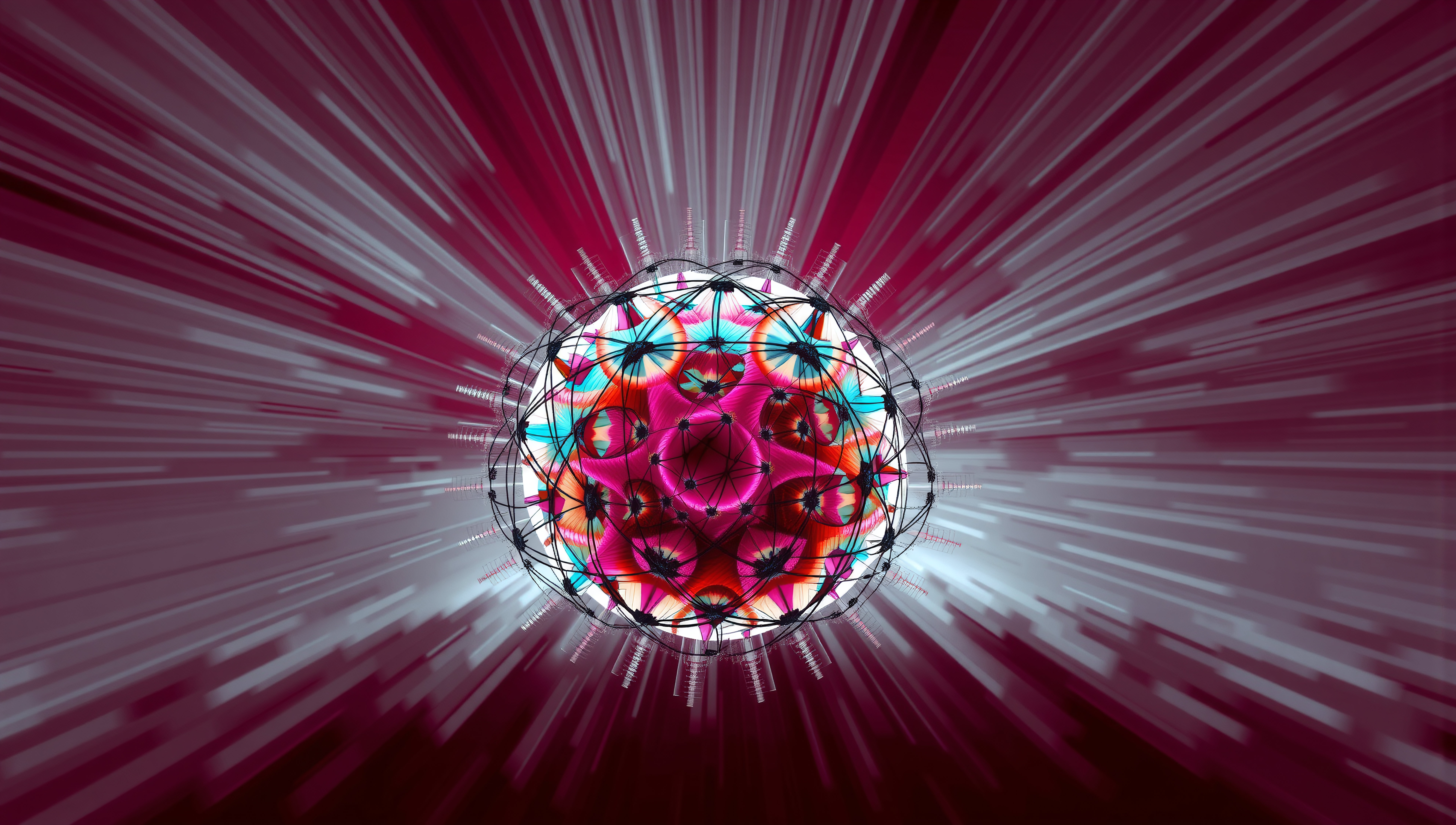 Abstract digital art featuring a colorful, geometric sphere with dynamic radiating lines on a gradient background.