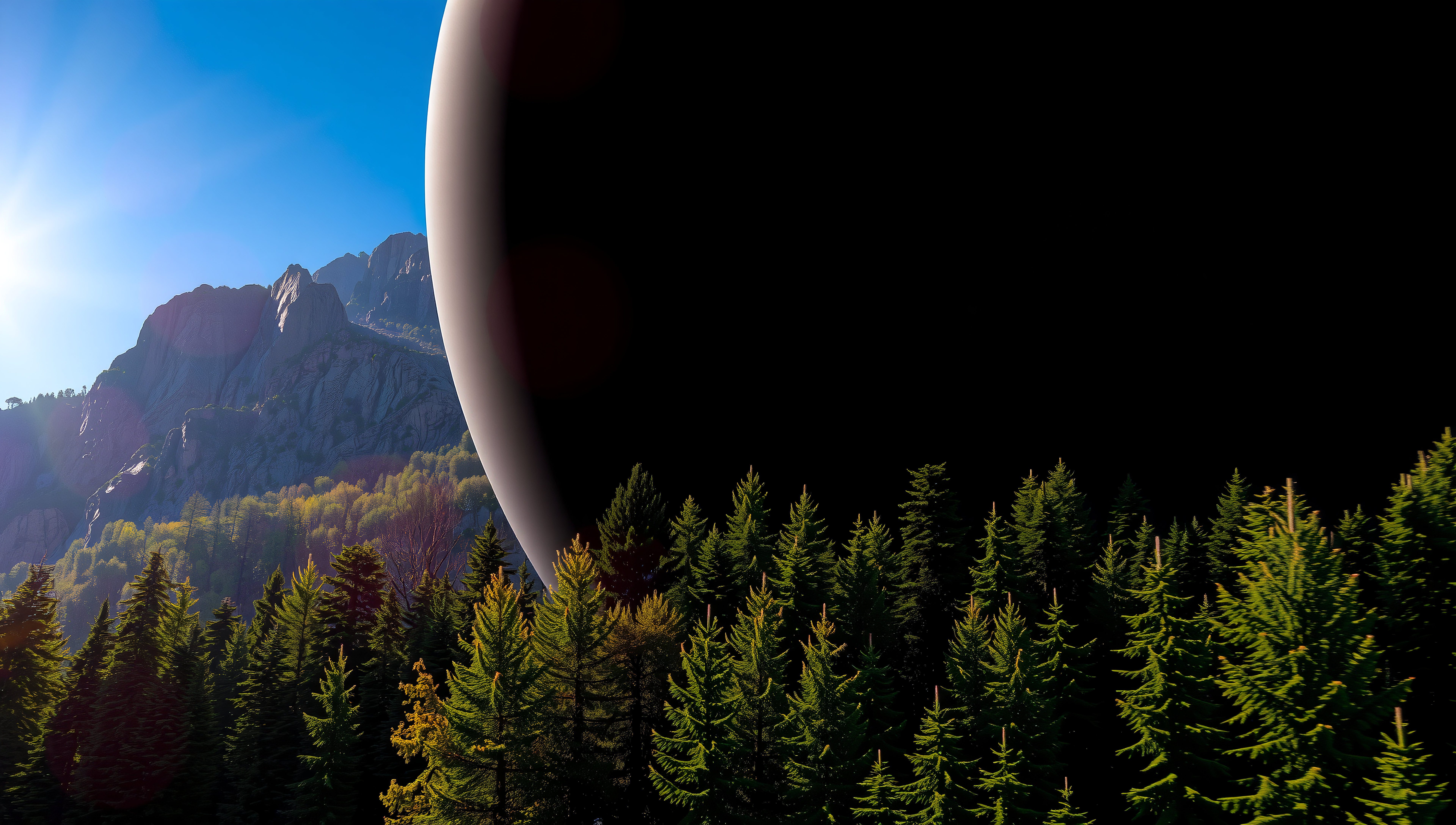 A vibrant landscape of mountains and forests meets a vast celestial body under a clear blue sky.