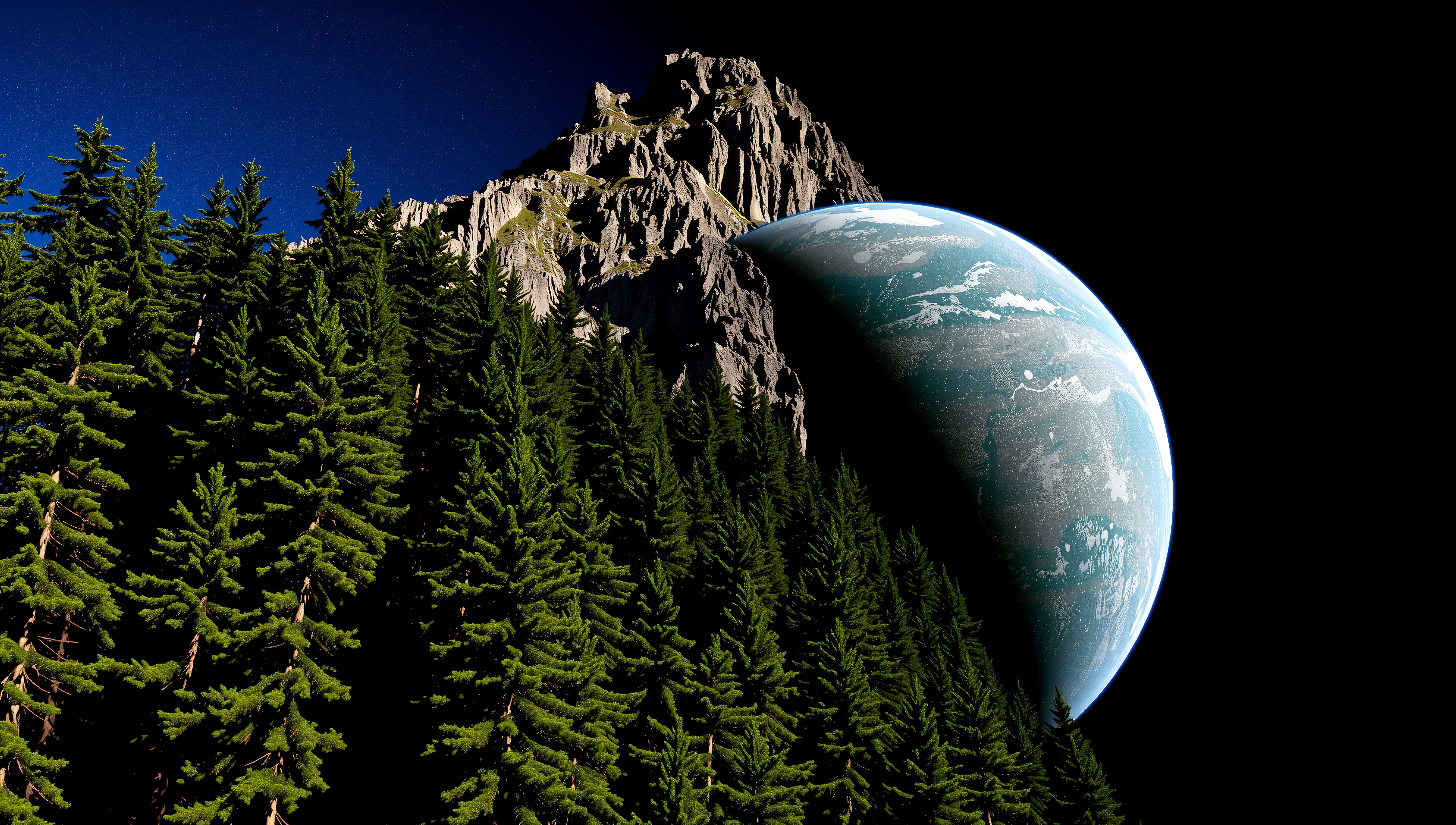 Surreal landscape with forest, mountain, and planet.