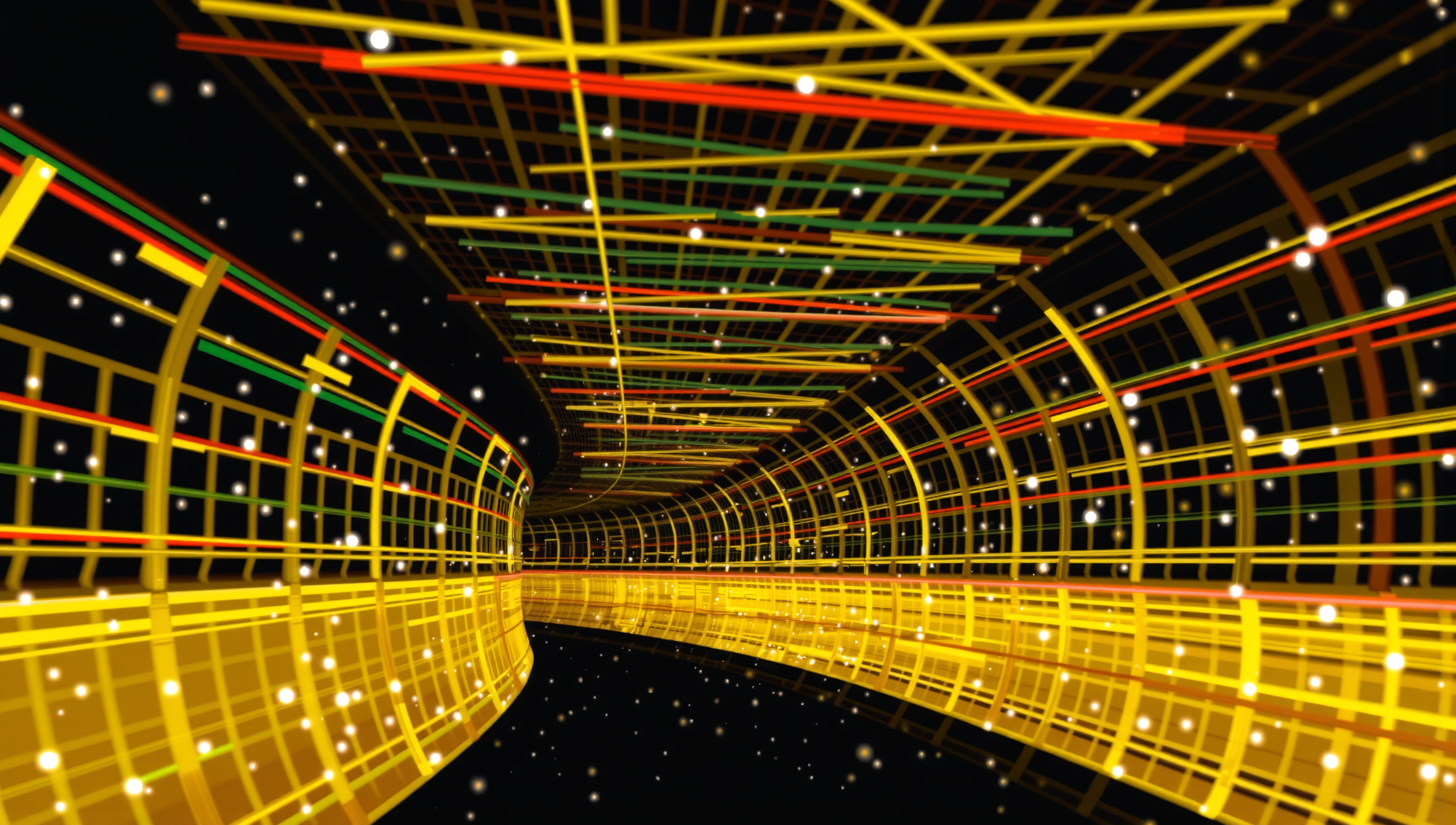 A vibrant, abstract tunnel with intersecting colorful lines and star-like dots.
