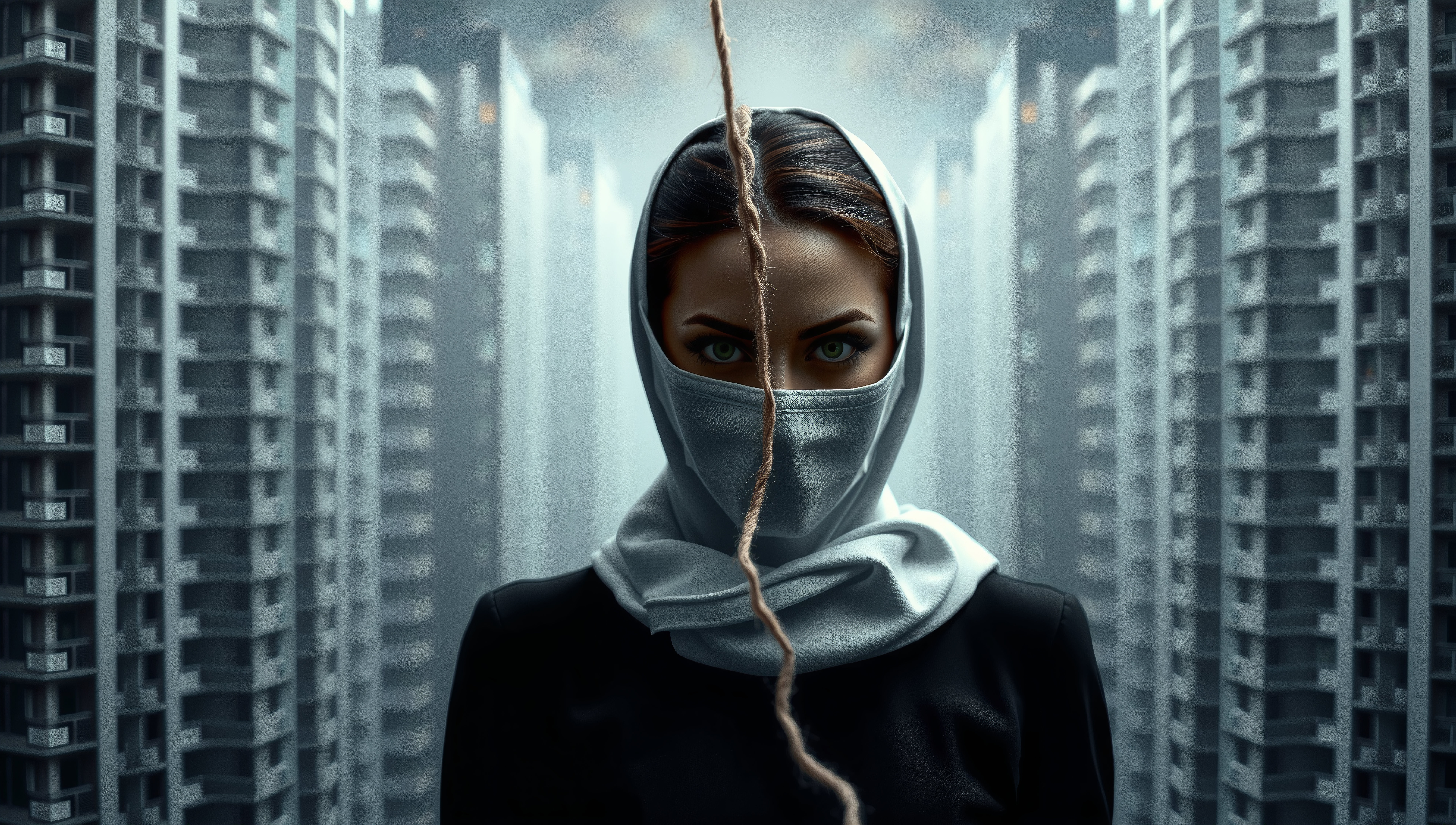 Woman in mask standing amidst tall skyscrapers with a mysterious urban backdrop.