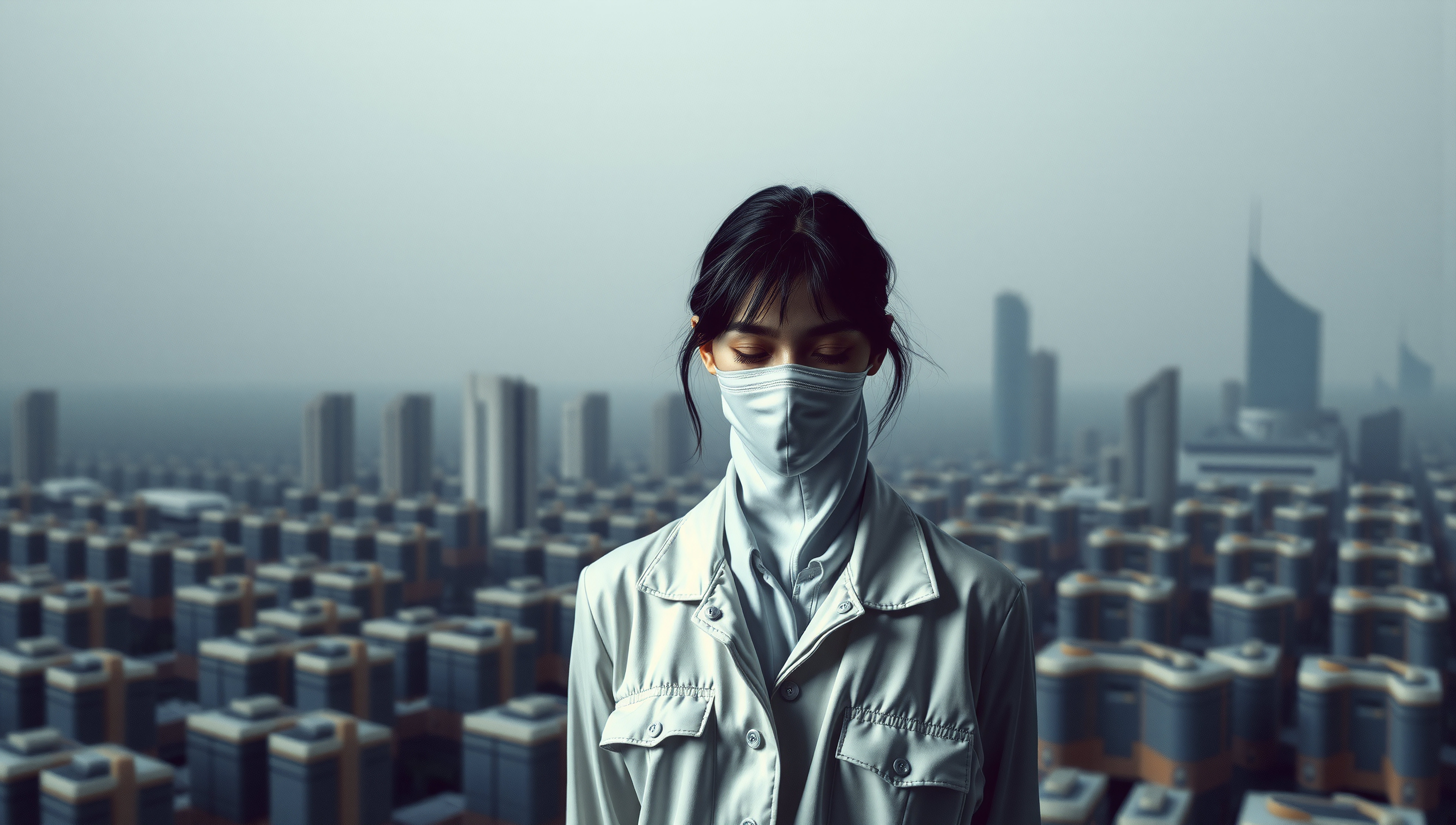 A woman in white coat and mask stands on a rooftop against a futuristic cityscape, evoking themes of isolation and introspection.