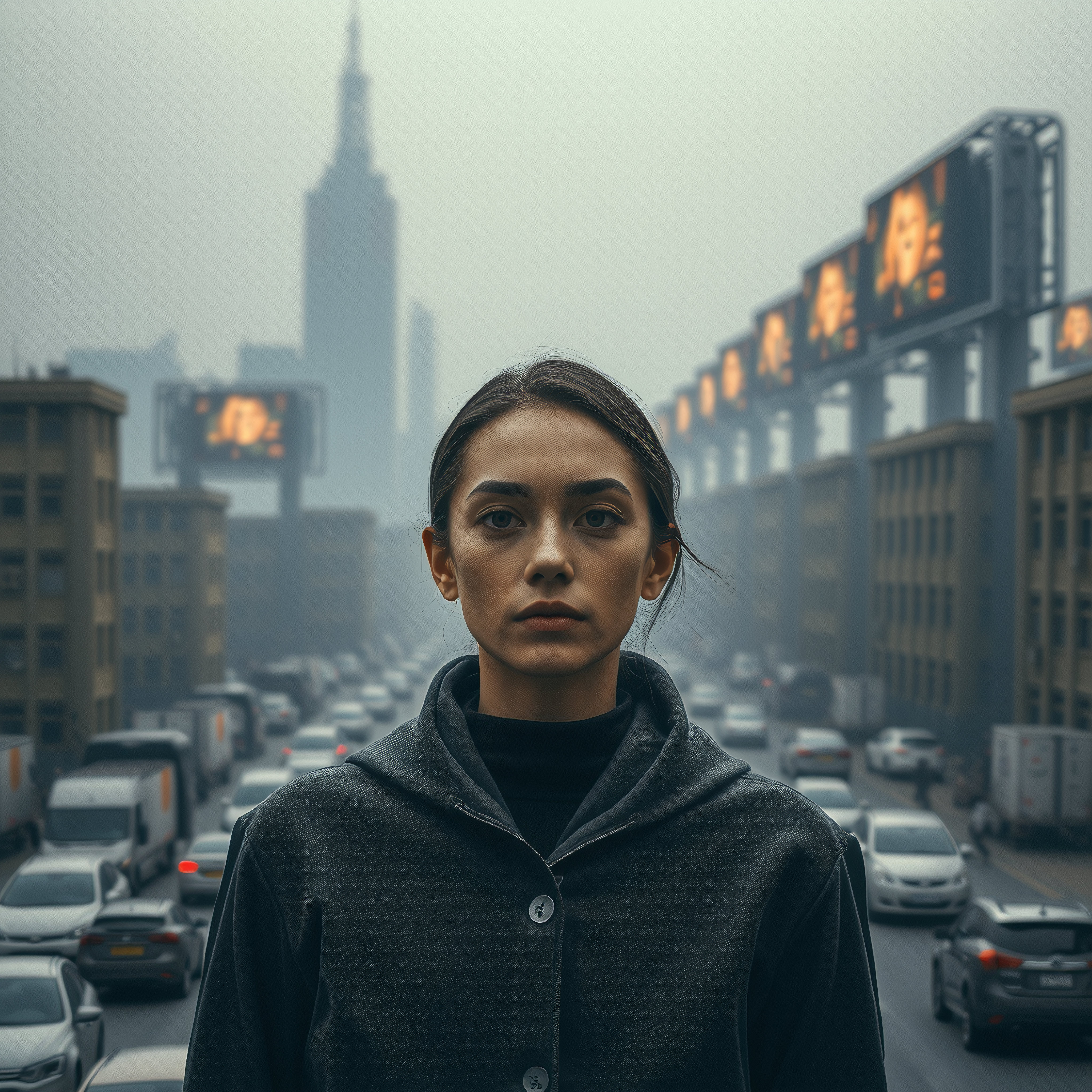 Woman in coat amidst busy urban traffic with skyscraper and billboards.