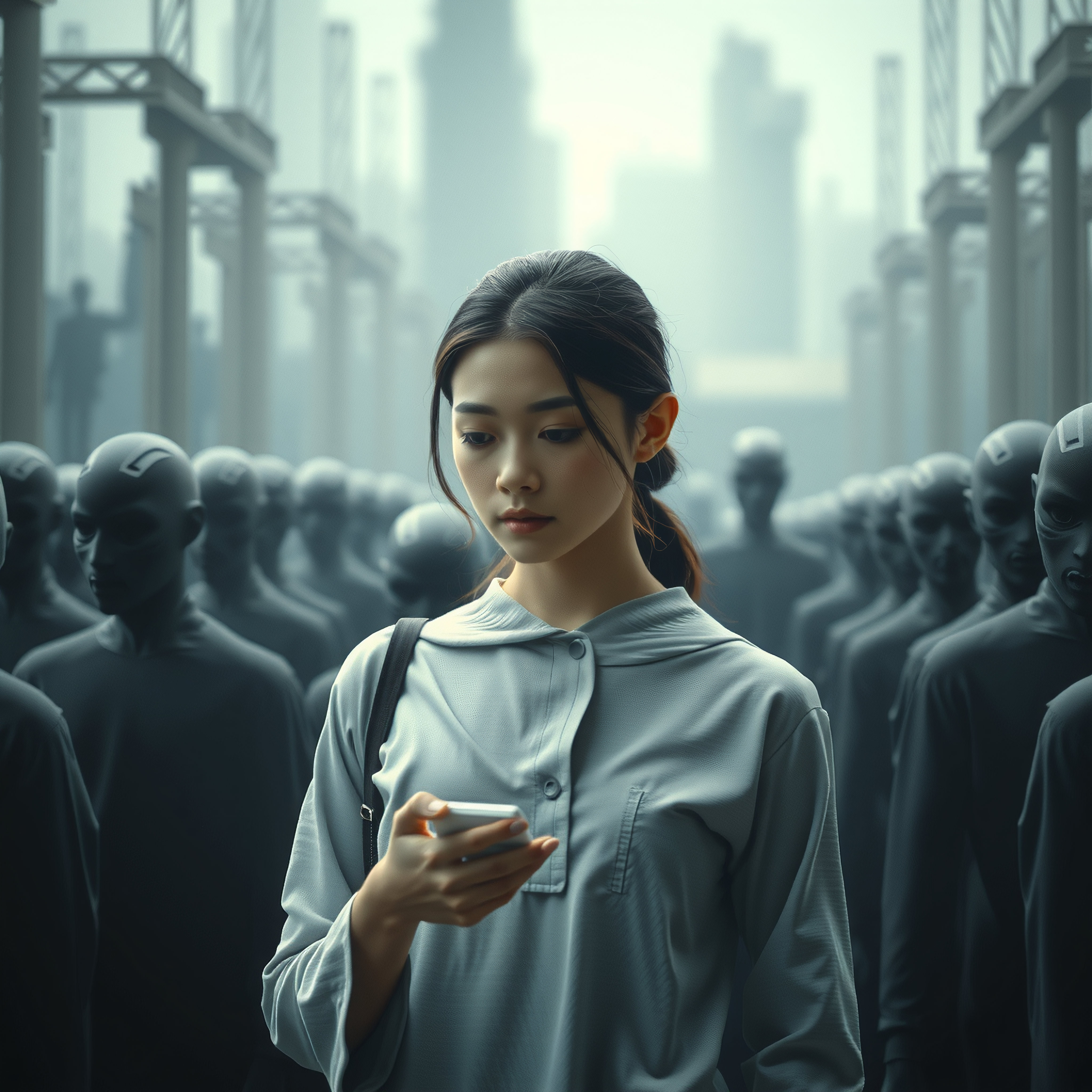 Young woman among humanoid figures, focused on her smartphone in a futuristic city.