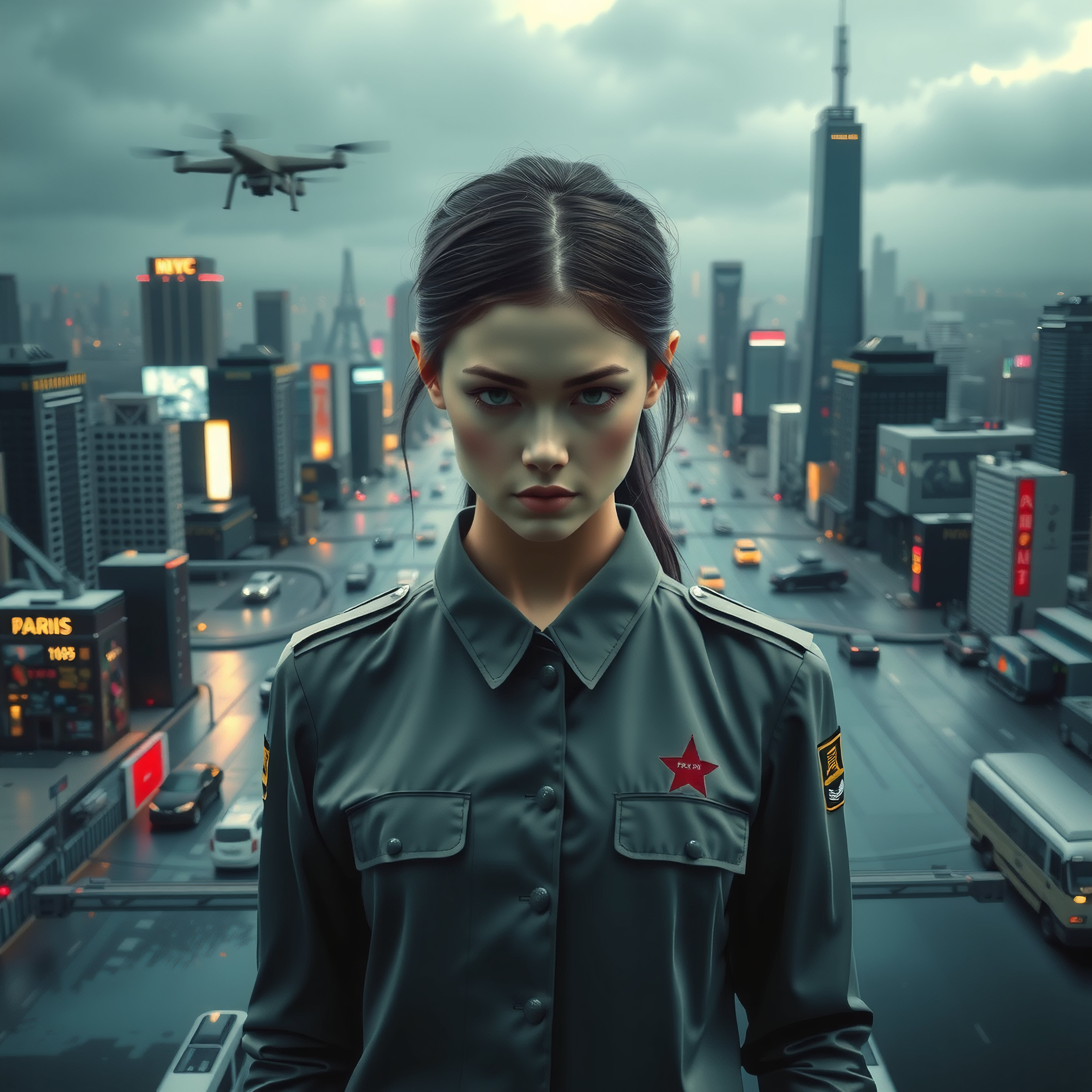 A confident woman in military-style clothing stands in a futuristic city with drones hovering above and bustling traffic below.