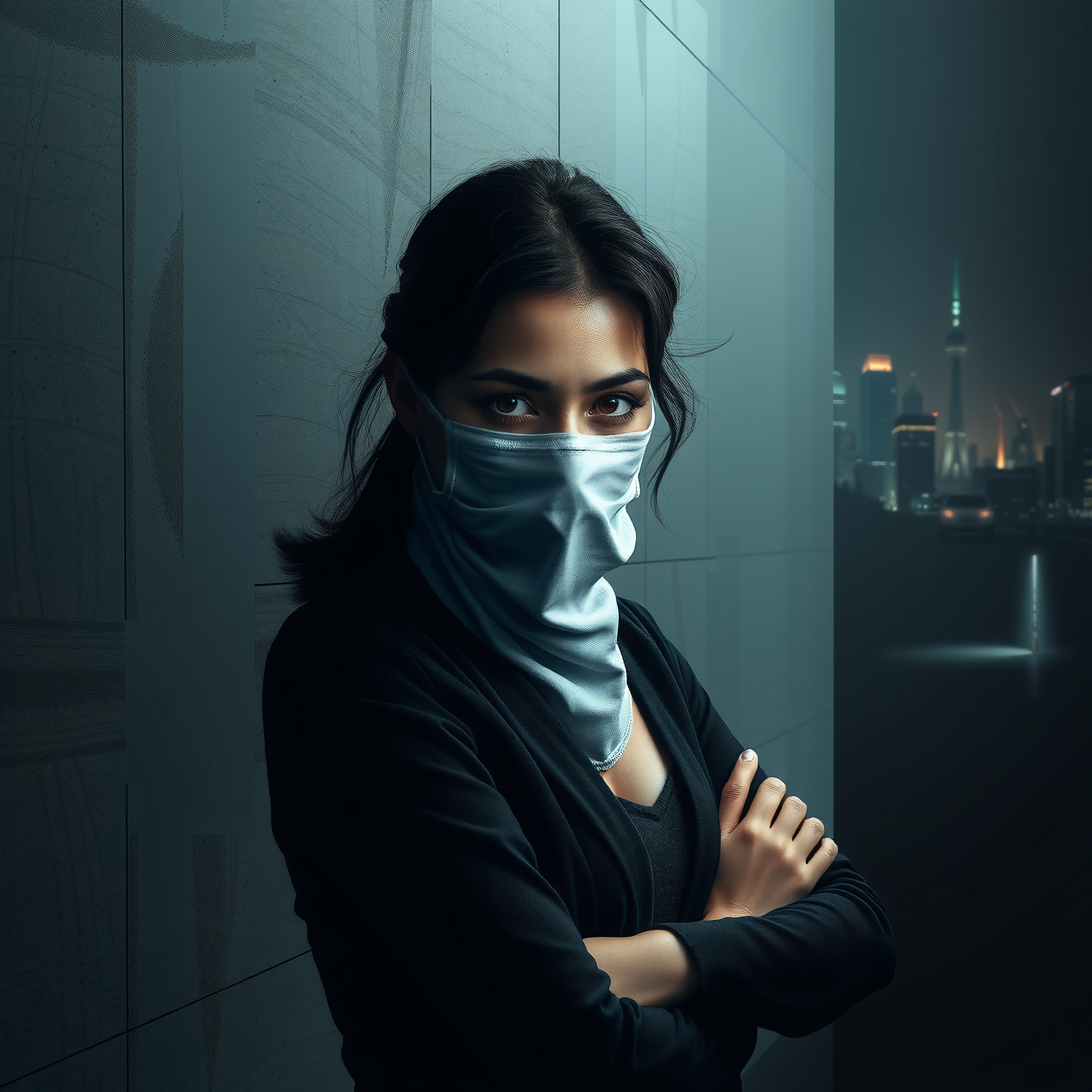 A woman with a face covering stands confidently against a modern city skyline at night, conveying mystery and intrigue.