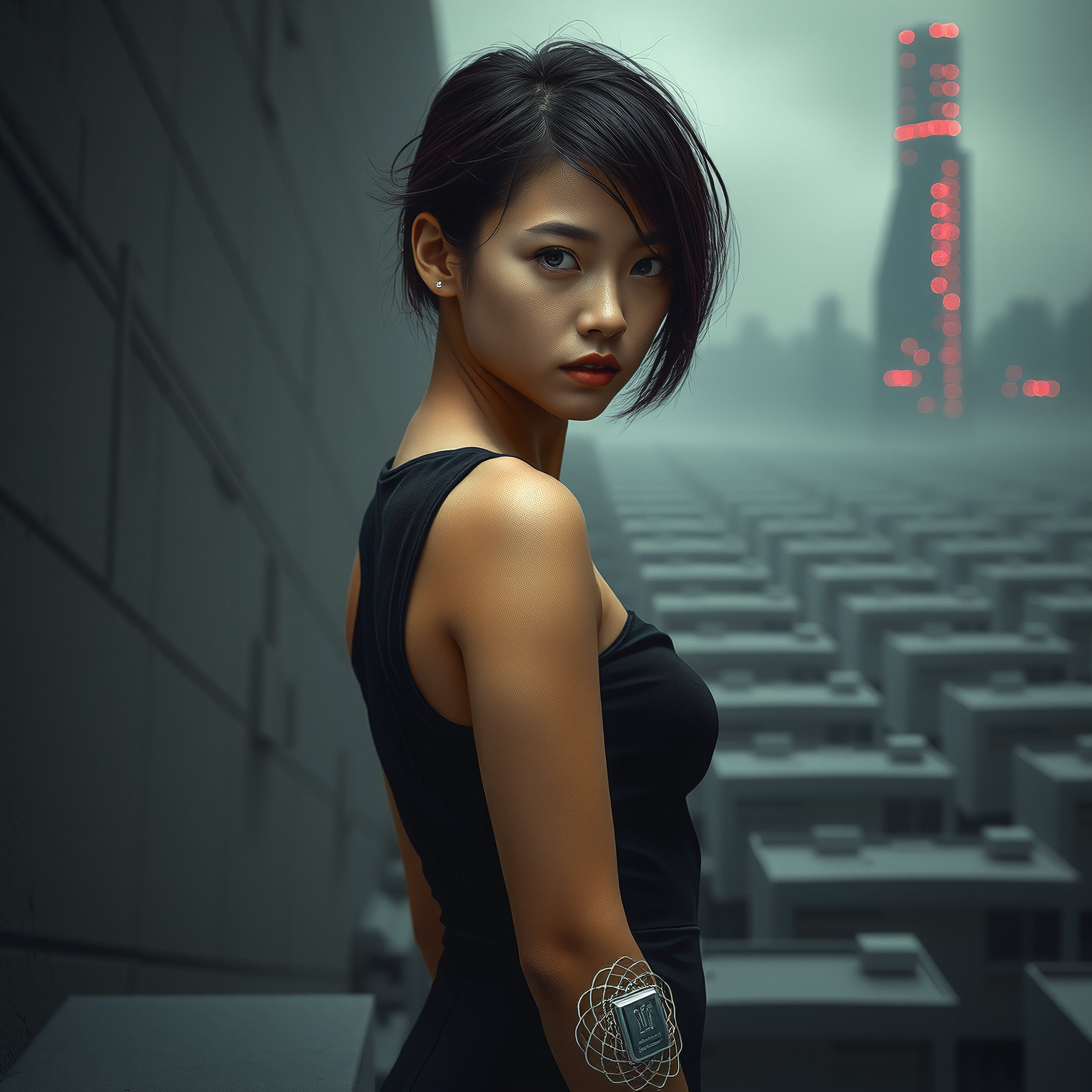 A futuristic woman stands on a foggy rooftop, overlooking a cyberpunk cityscape with glowing skyscrapers.