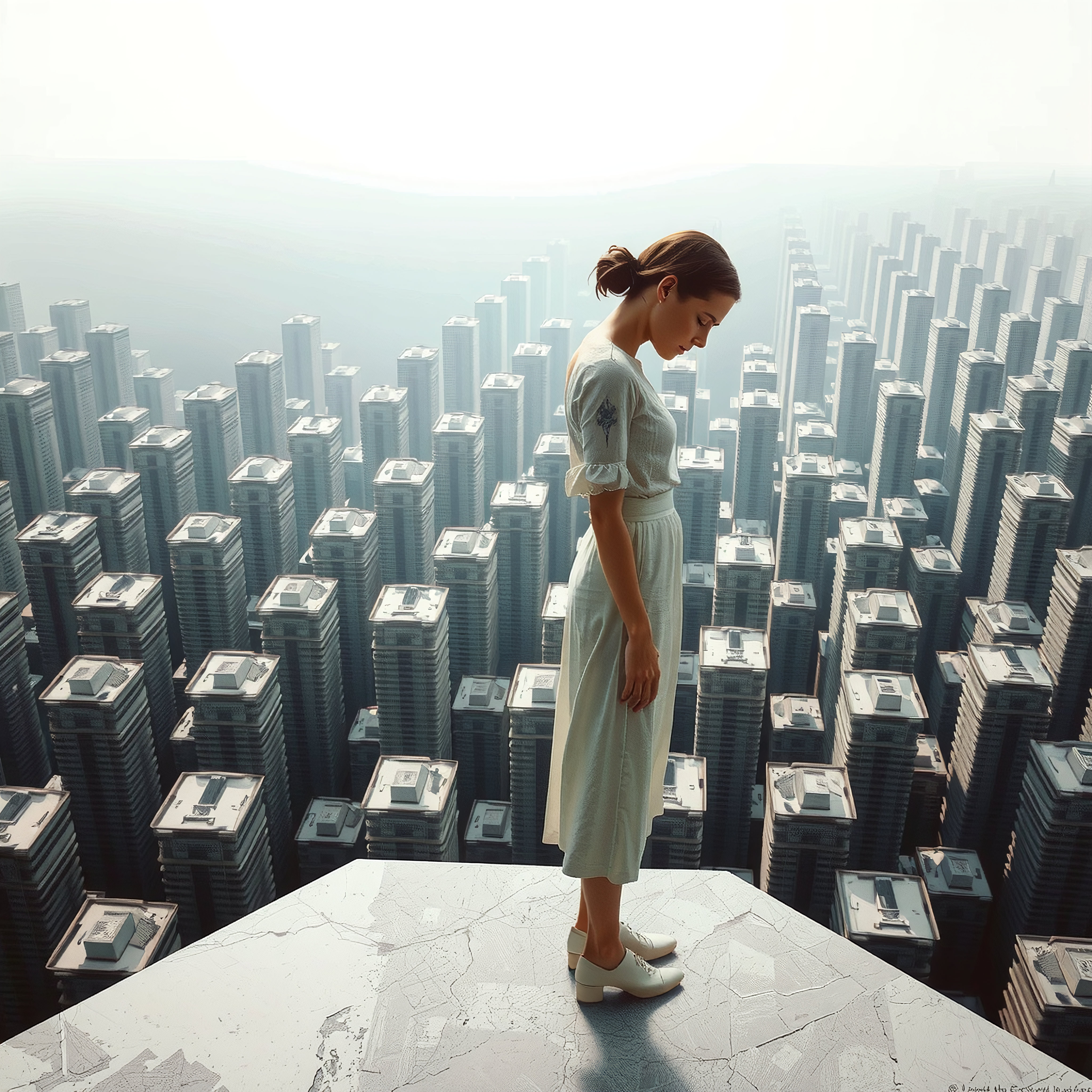 A woman stands on a platform overlooking a vast cityscape of skyscrapers.