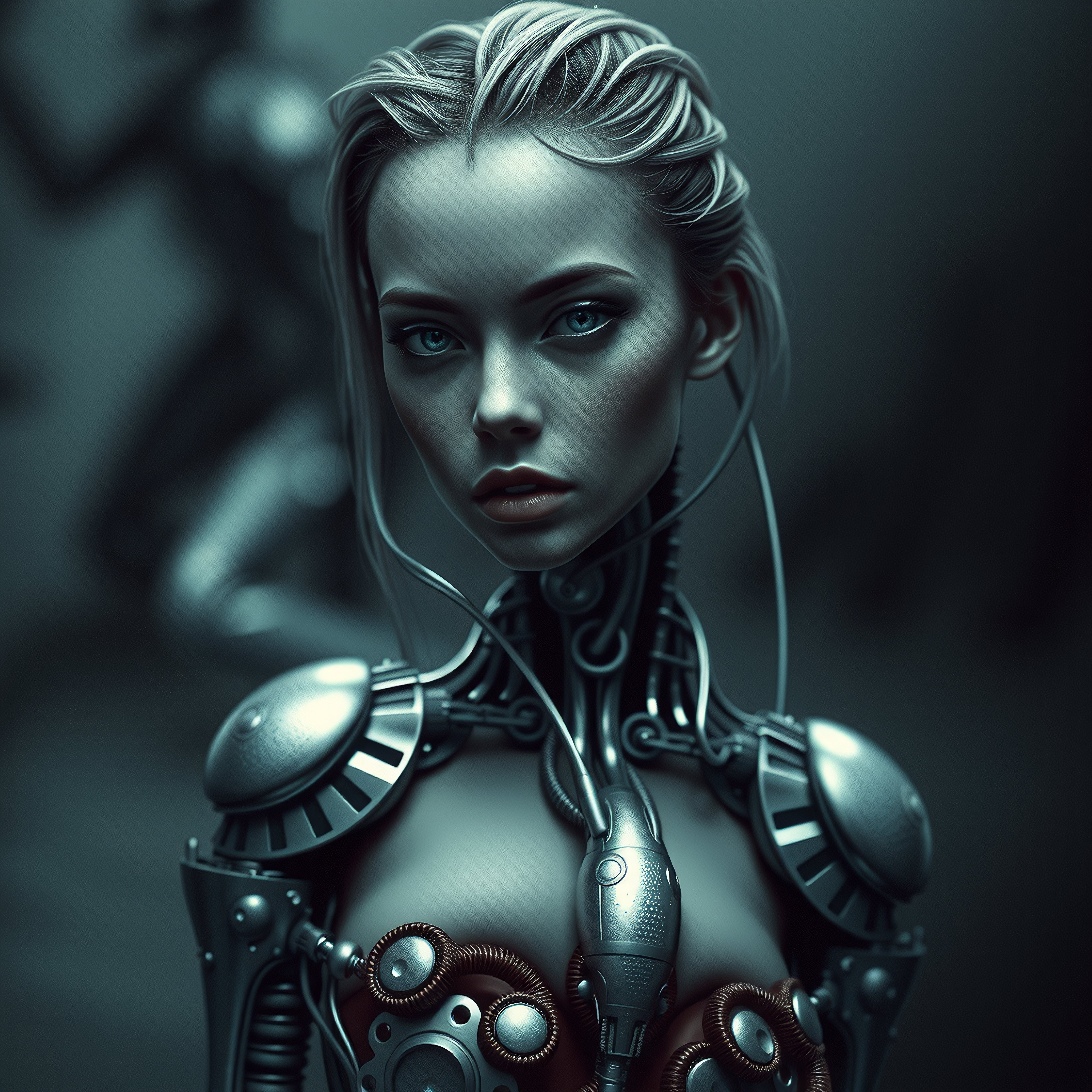 A futuristic female android with cybernetic components and expressive eyes, blending human realism and machine elements, cast in a cool, mysterious light.