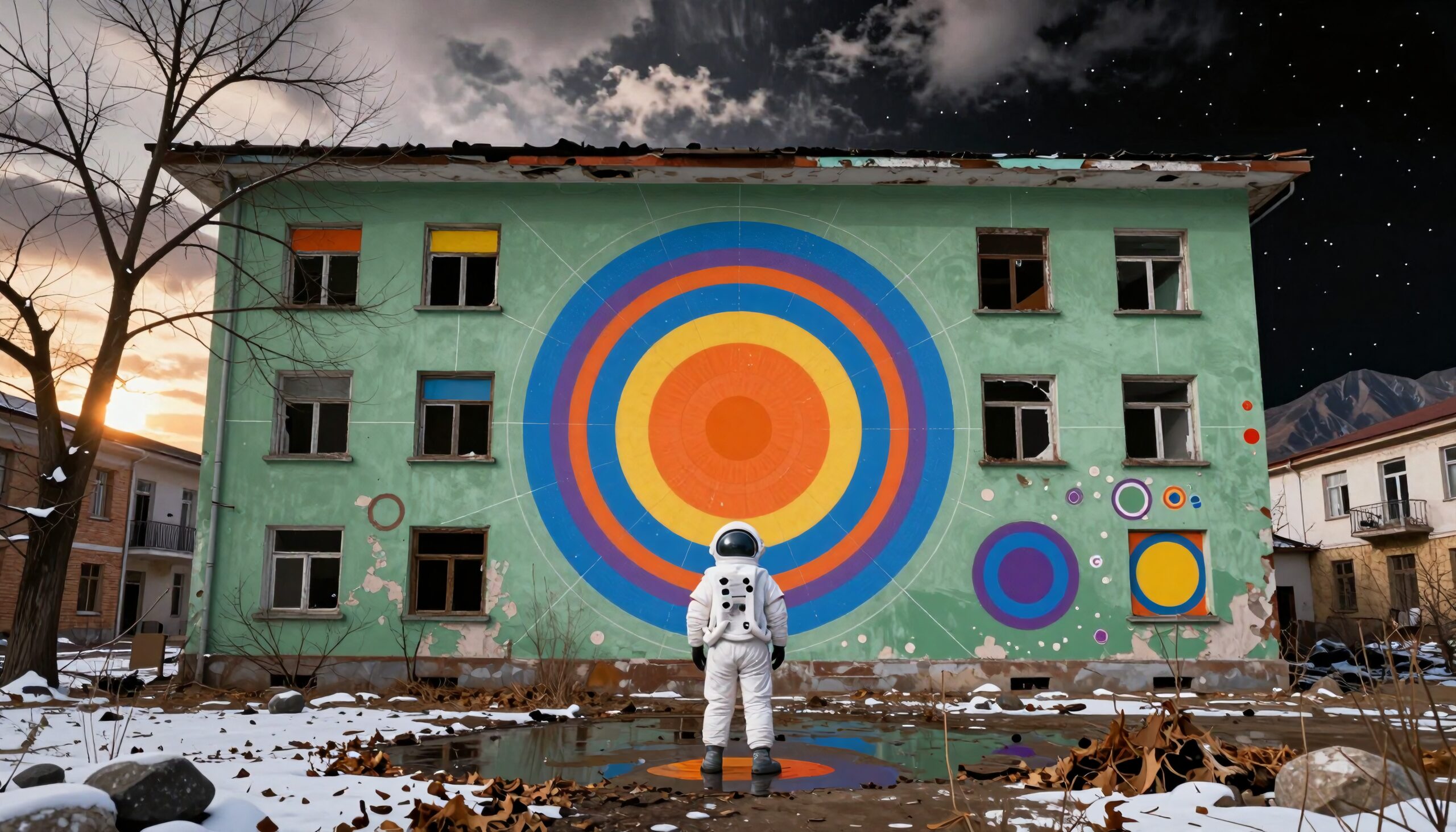 Colorful mural with astronaut in urban setting.