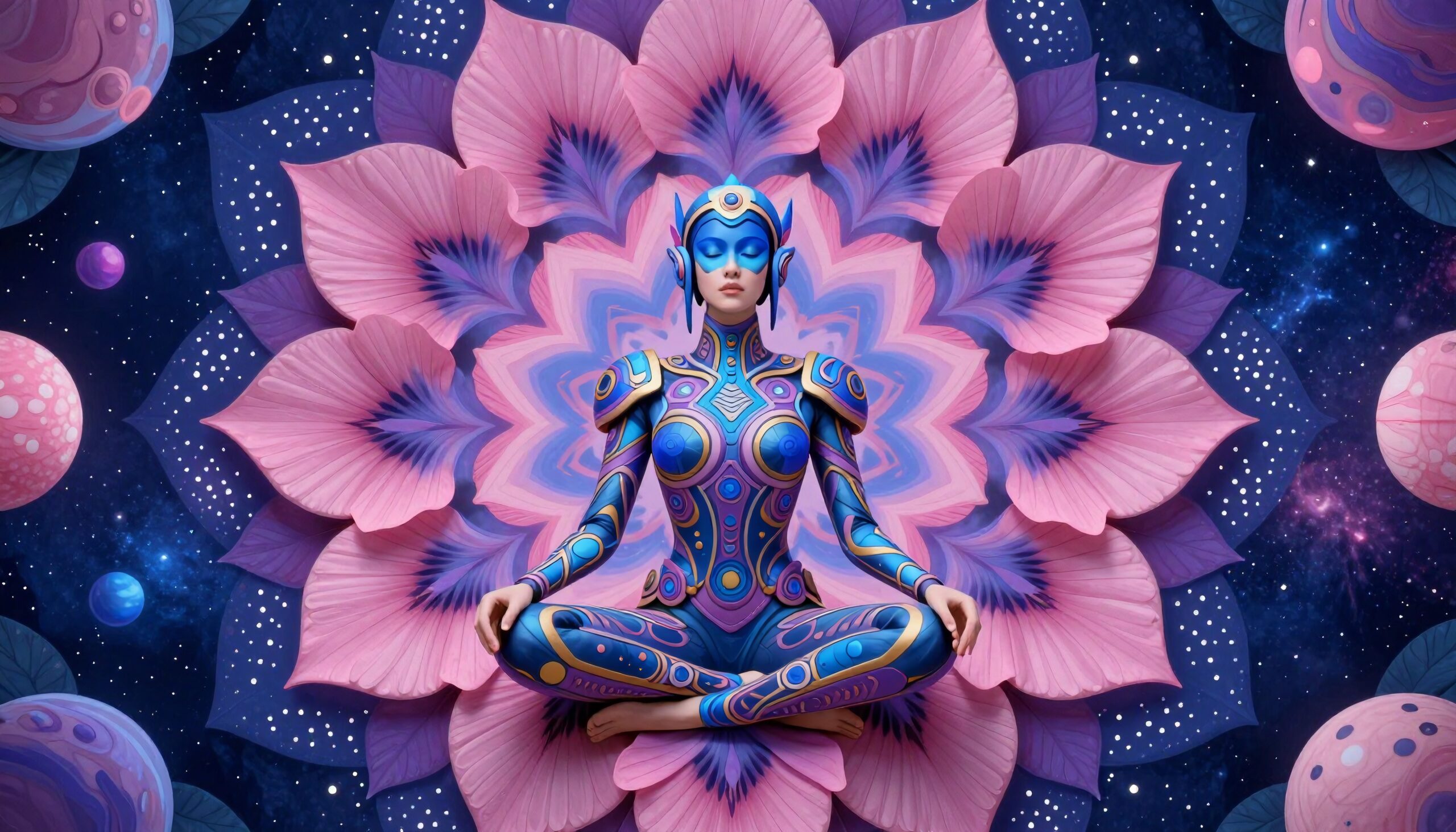 A futuristic figure meditates within a cosmic floral mandala, set against a starry backdrop.