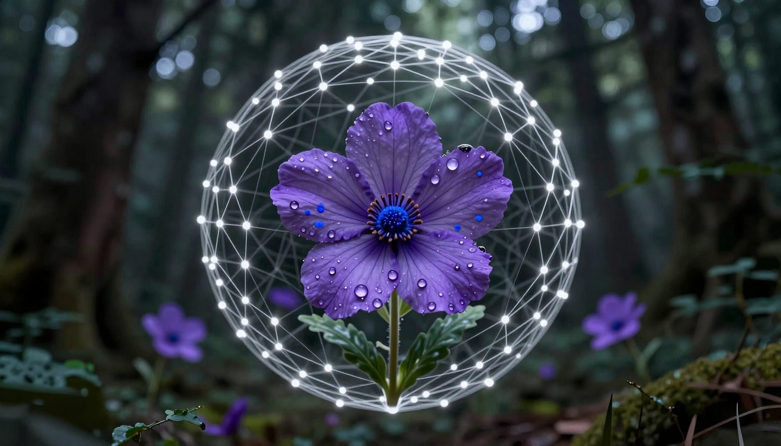 Vibrant purple flower enclosed by a glowing geometric sphere amidst a serene forest background.