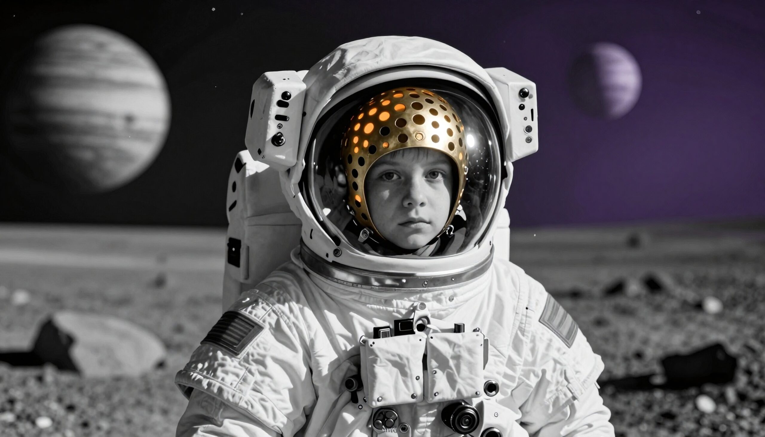 Child astronaut in space suit on alien planet with planets in background.