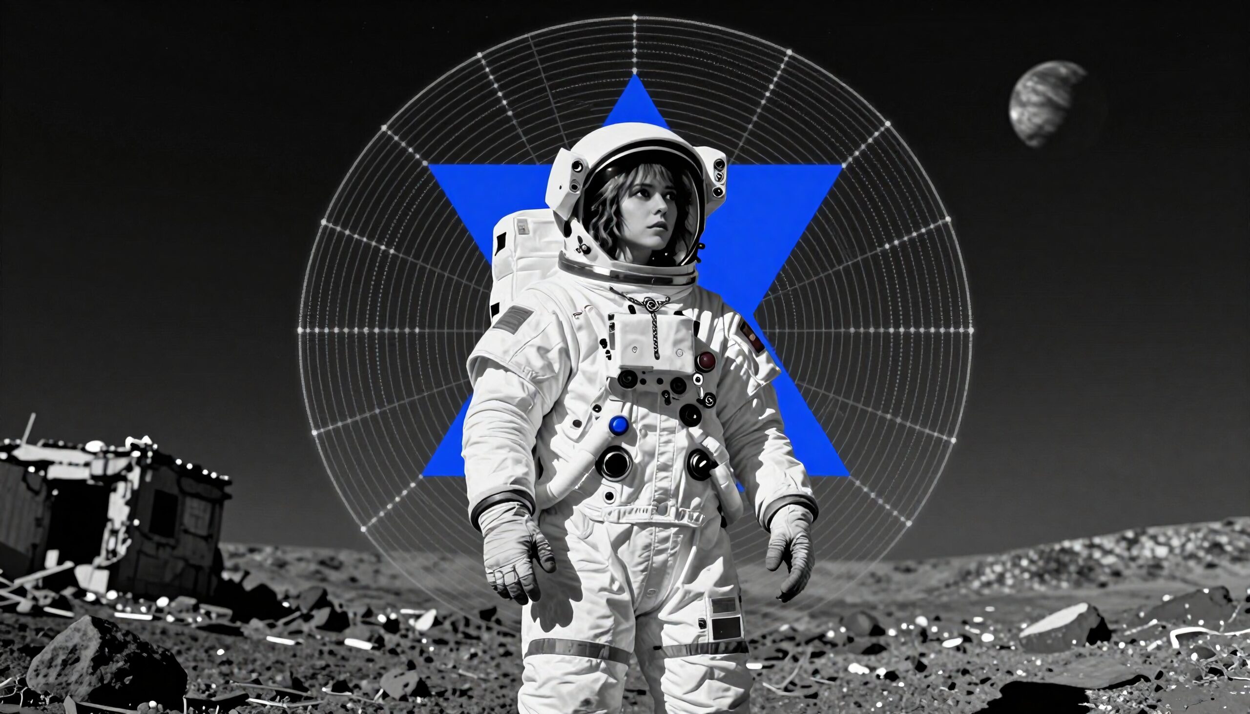 Astronaut on alien planet with blue starry background.