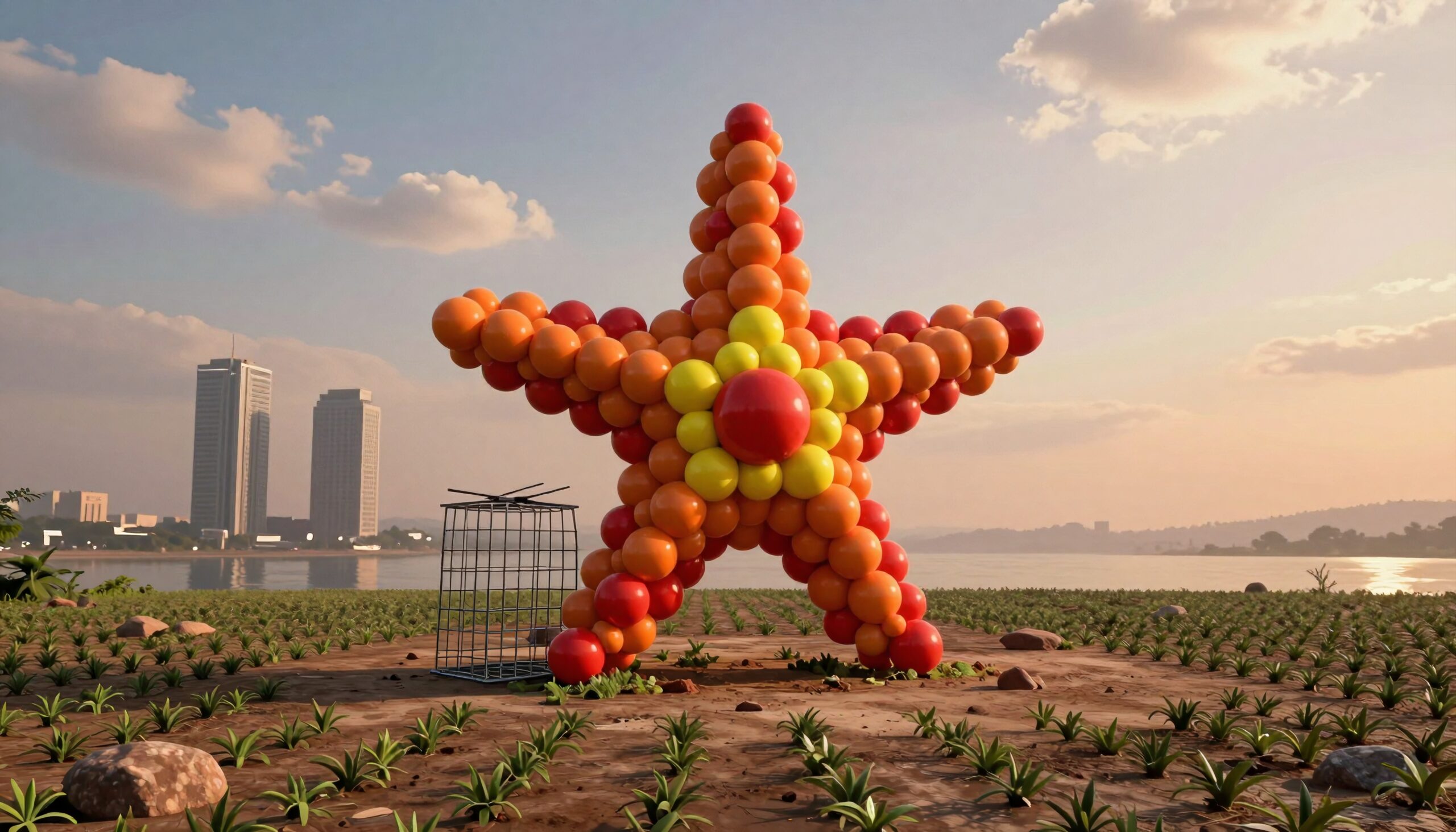 Colorful star-shaped balloon sculpture in open field near river and city skyline at sunrise.