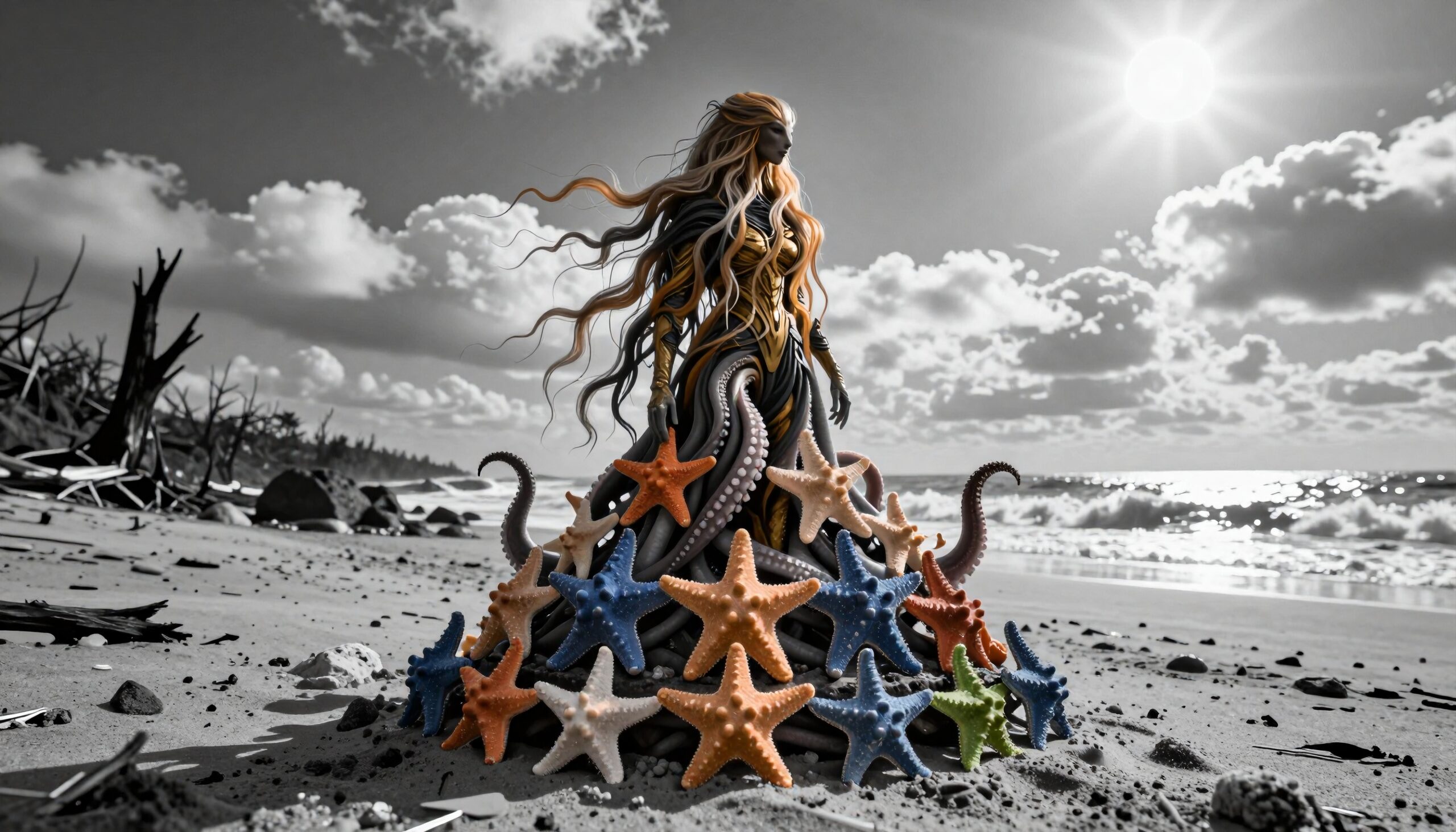 Artistic figure surrounded by colorful starfish and tentacles on a sunlit beach with a dramatic sky.