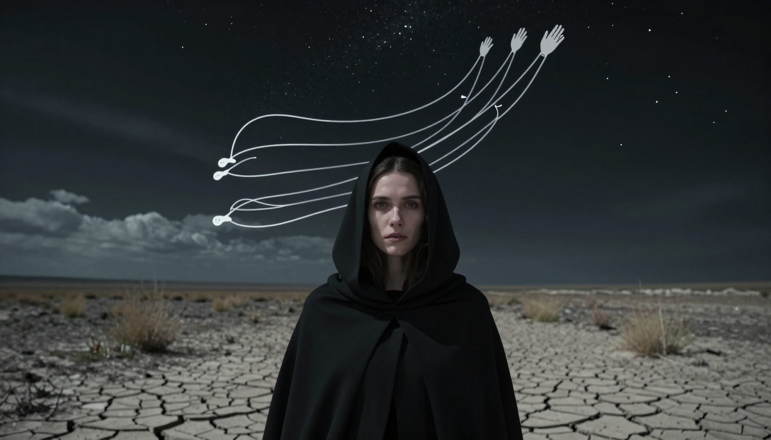 A cloaked woman stands in a cracked desert, ethereal lines reaching into the starry sky.