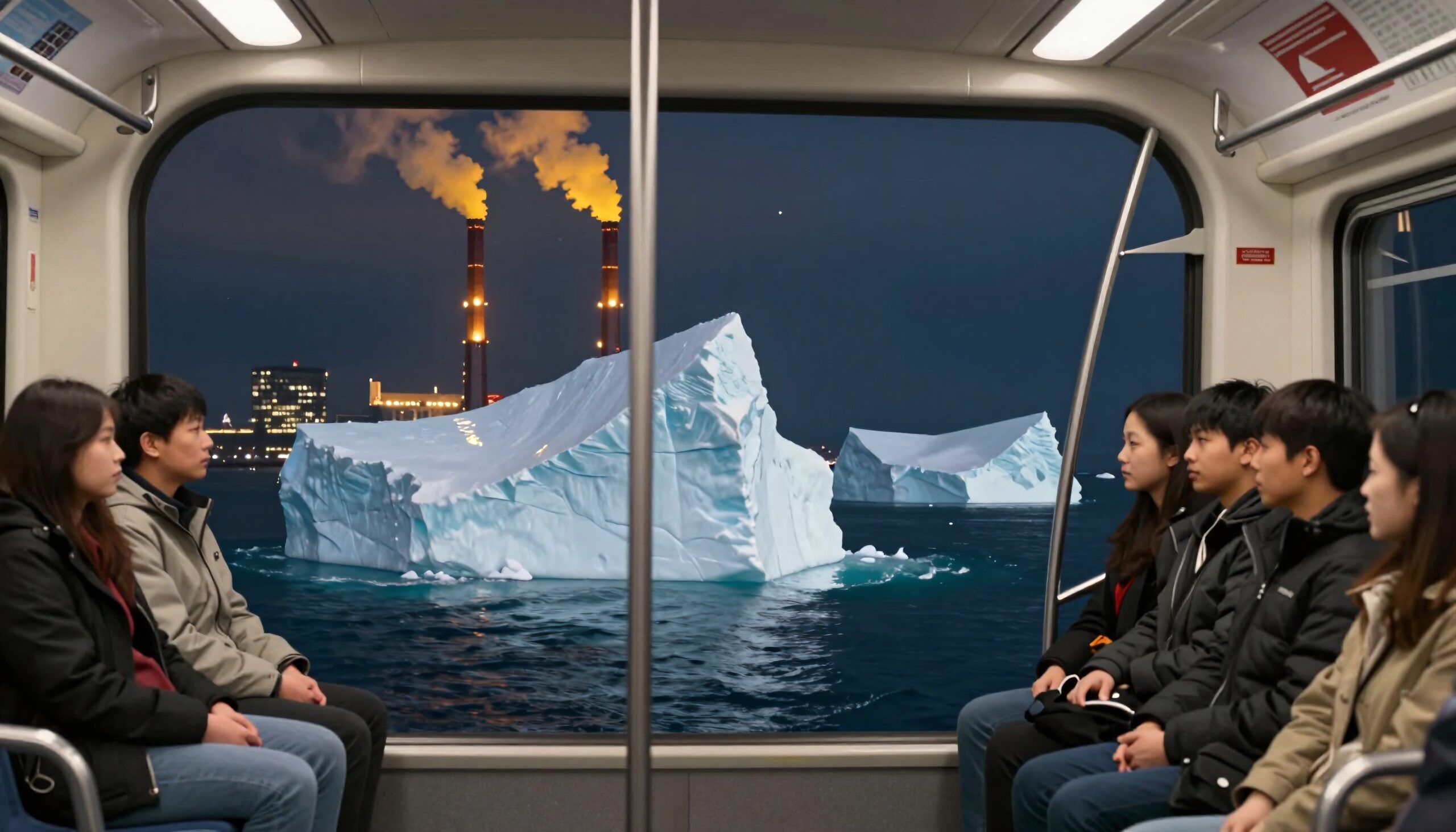 Passengers on train see icebergs outside.