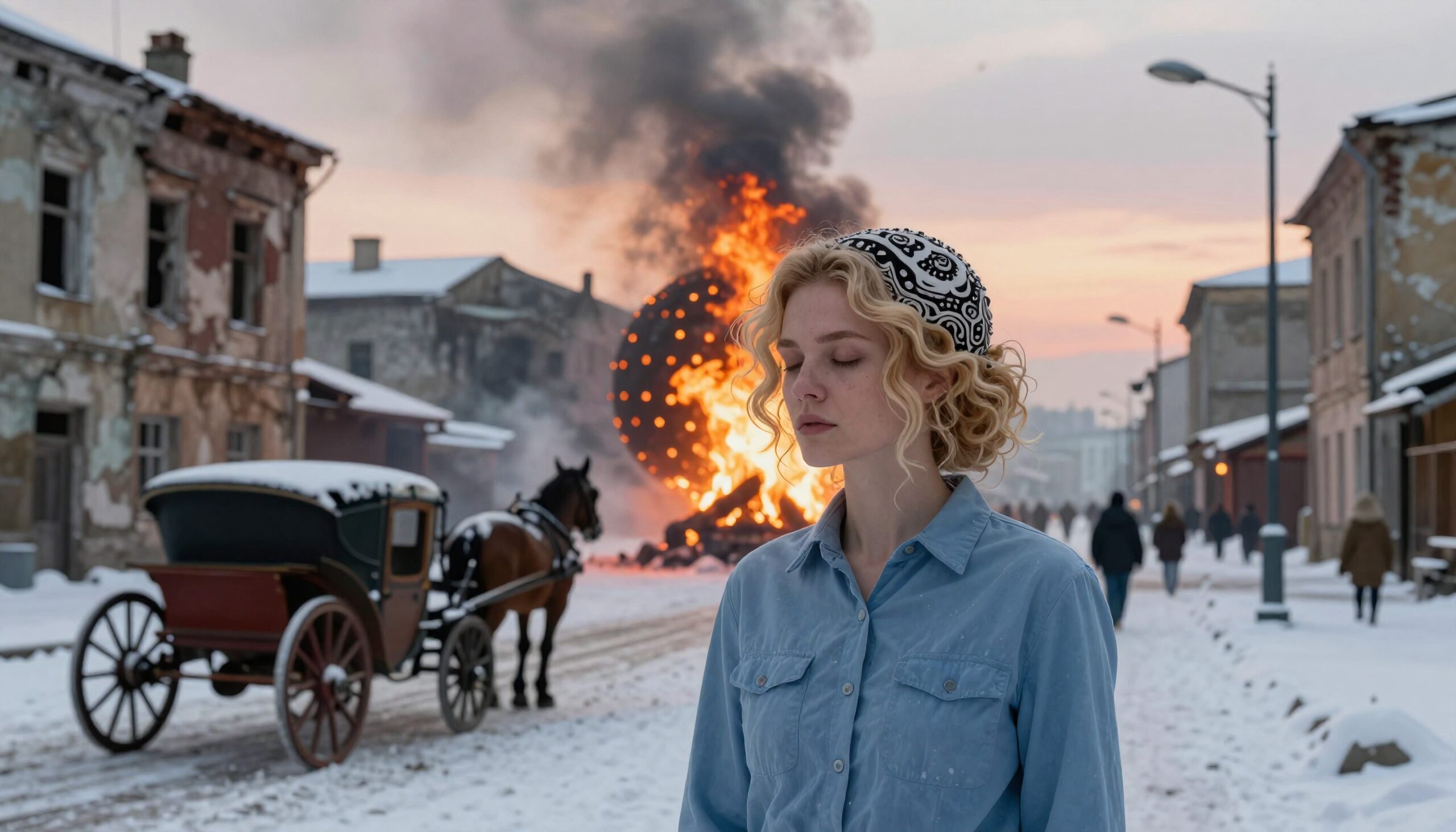 Young woman with closed eyes in snowy village street with blazing fireball in background, evoking peace amidst chaos.