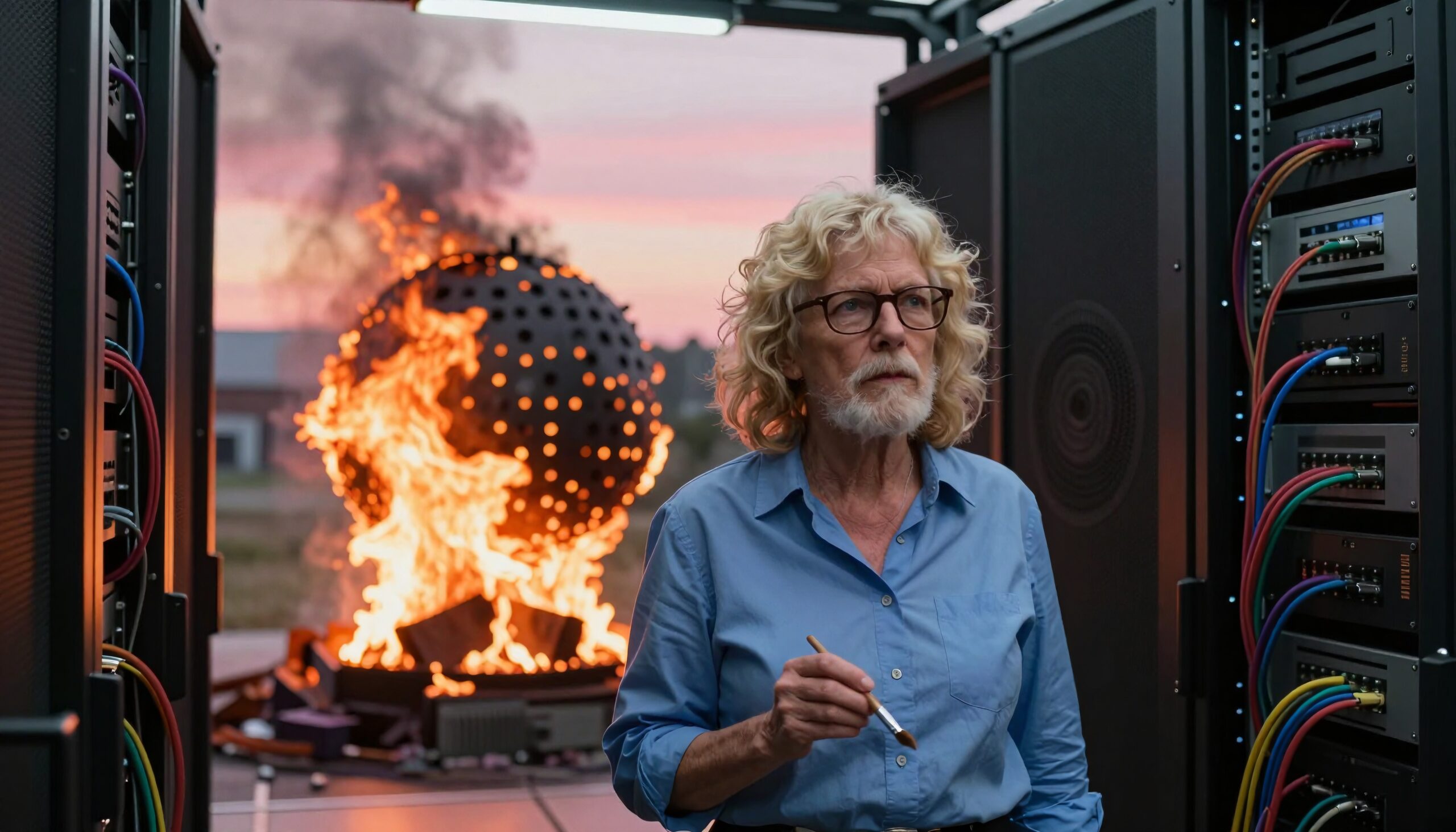 A concerned woman in a server room with a blazing sphere in the background at sunset.