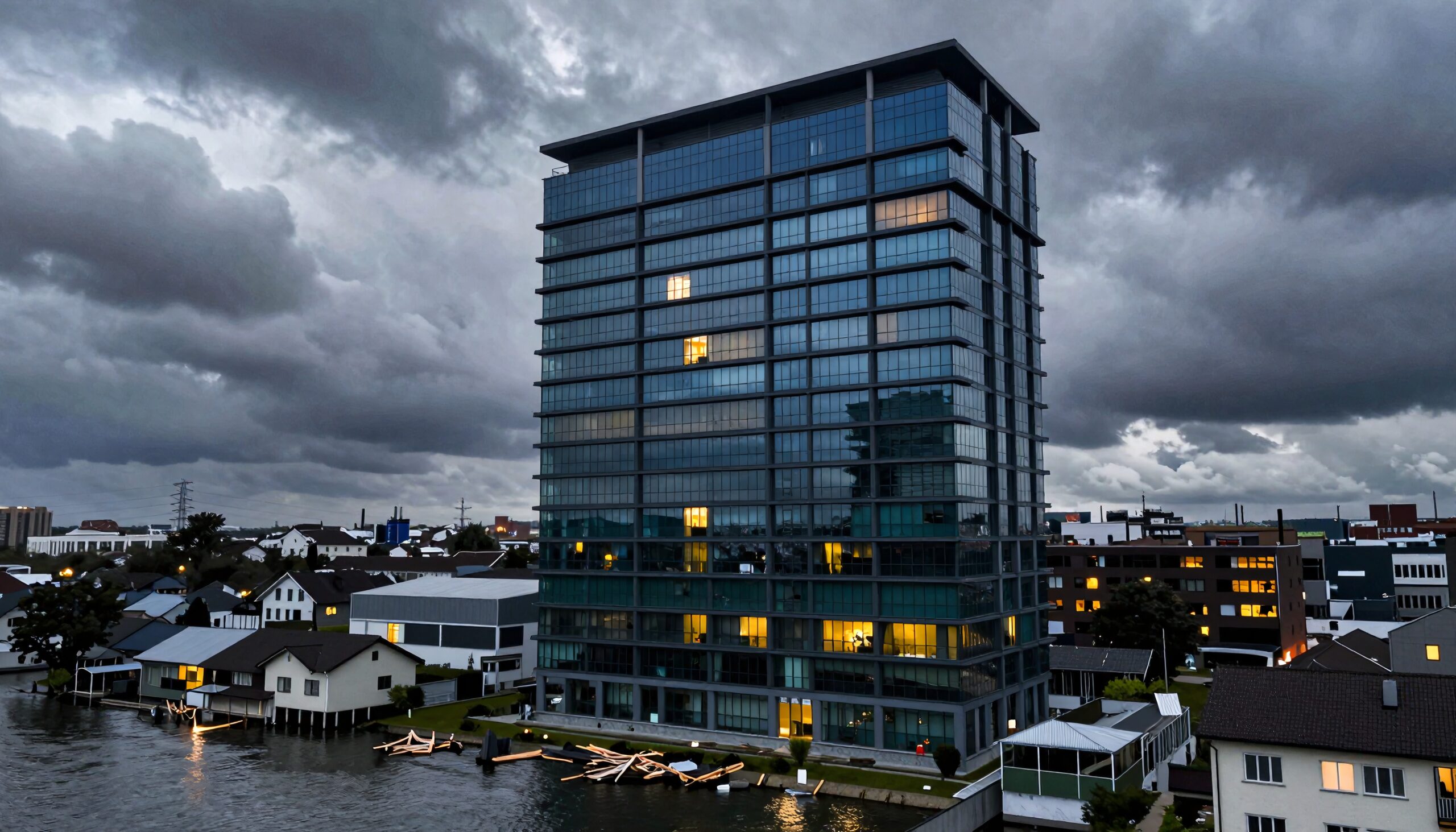 A modern glass skyscraper reflects on water under dramatic clouds, next to illuminated houses.