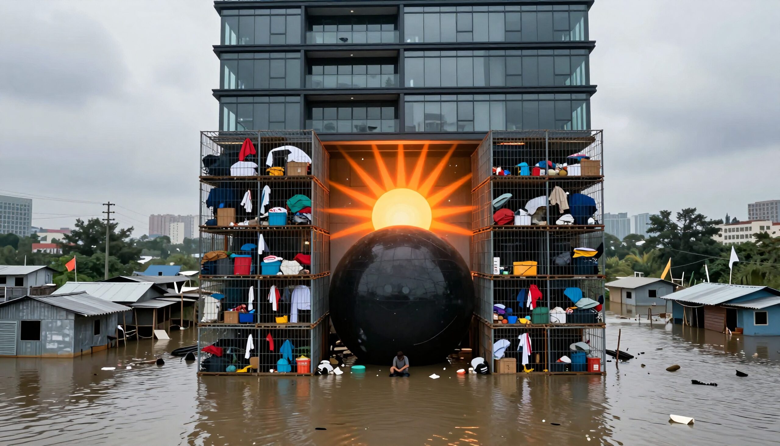 A modern building with colorful sculptures contrasts against a flooded urban landscape.